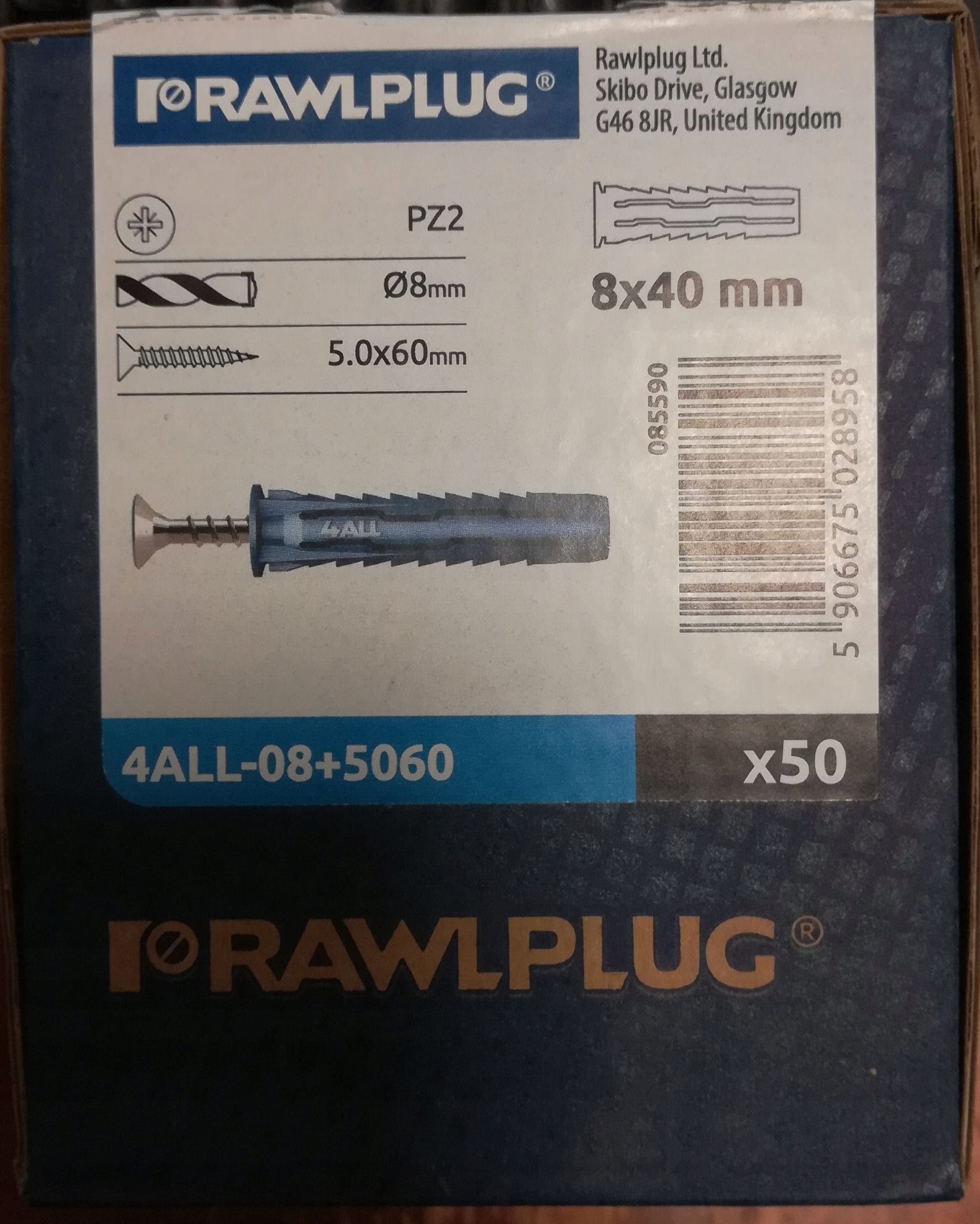 

Rawlplug Kołek 4ALL fi 8mm x 40mm Wkręt 5,0x60mm