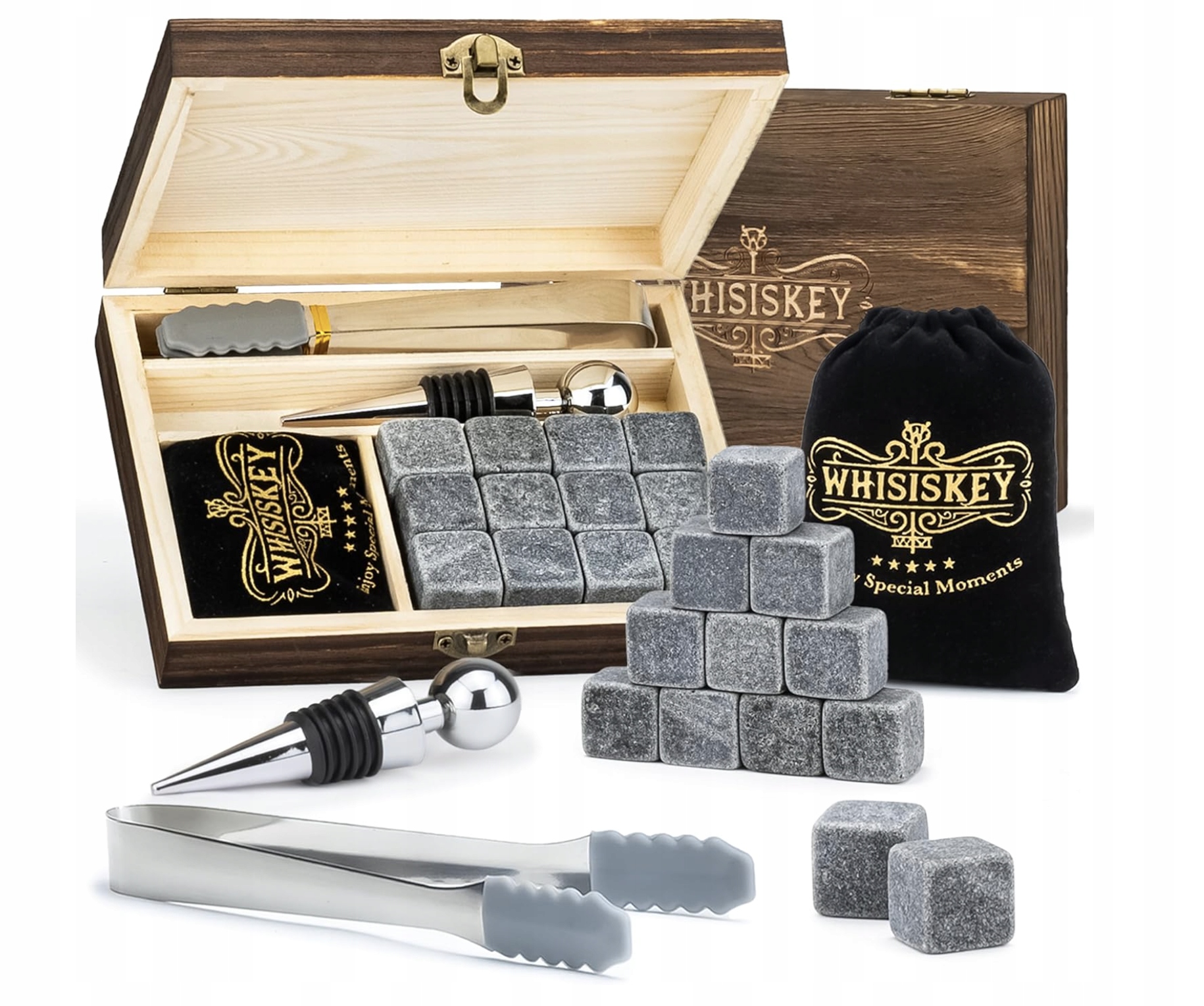 Kameny na whisky Sada 12 Kusů Granit Šedá s kleštěmi a
