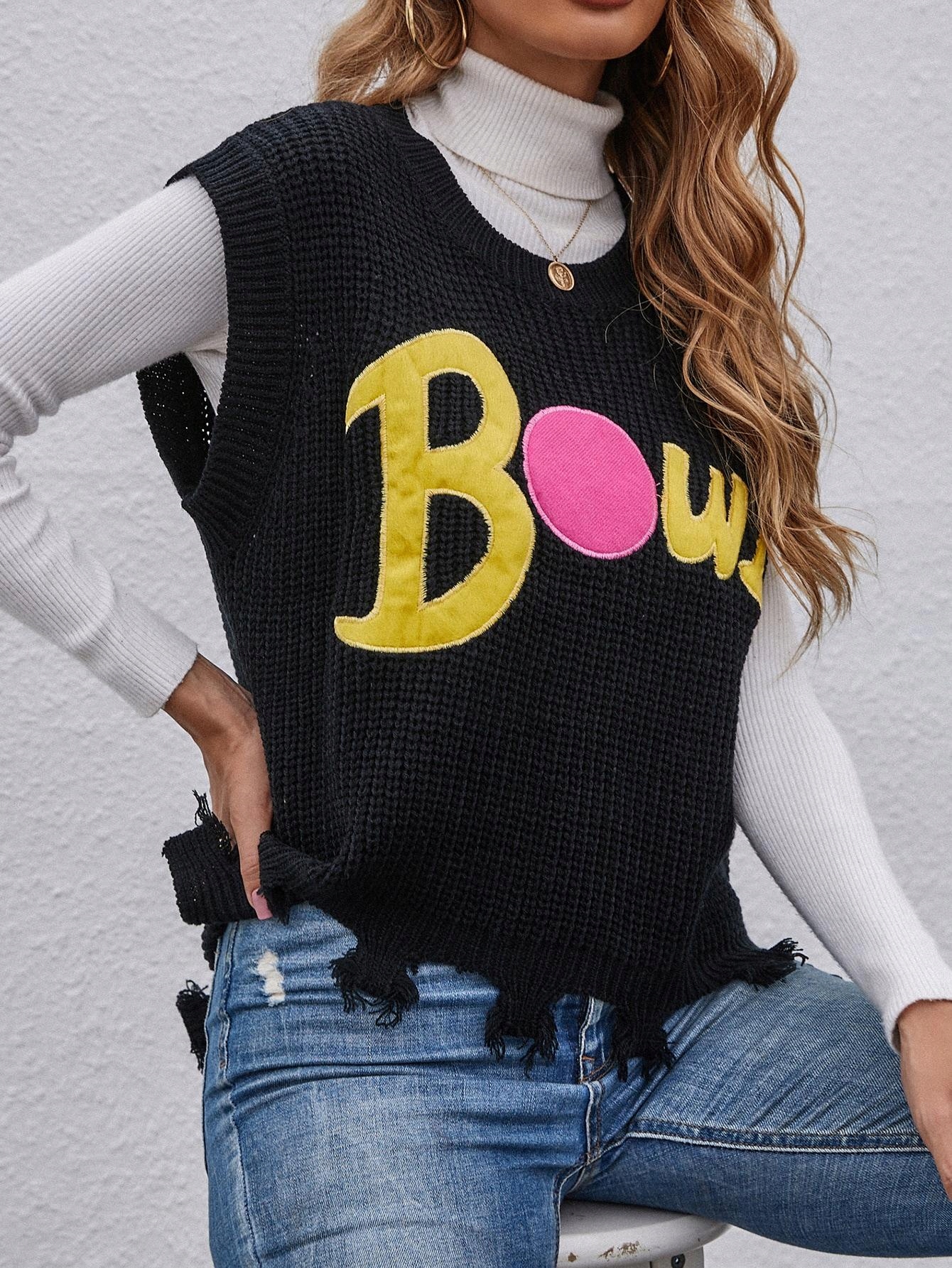 T25113 *SHEIN SWETERKOWA KAMIZELKA POSZARAPNA NAPIS S Płeć kobieta