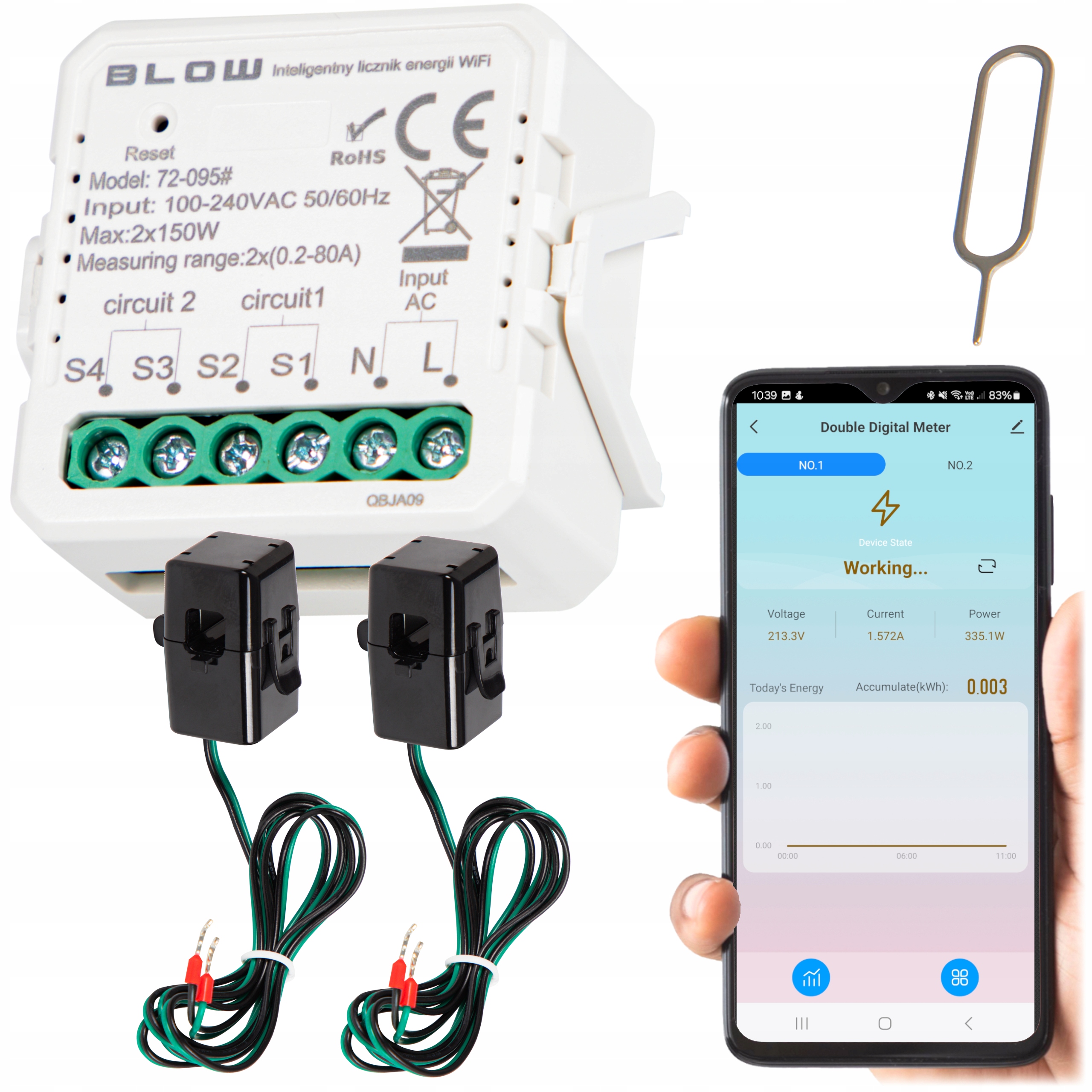 LICZNIK ZUŻYCIA ENERGII WIFI TUYA MIERNIK NAPIĘCIA 2 PRZEKŁADNIKI PĘTLA 80A