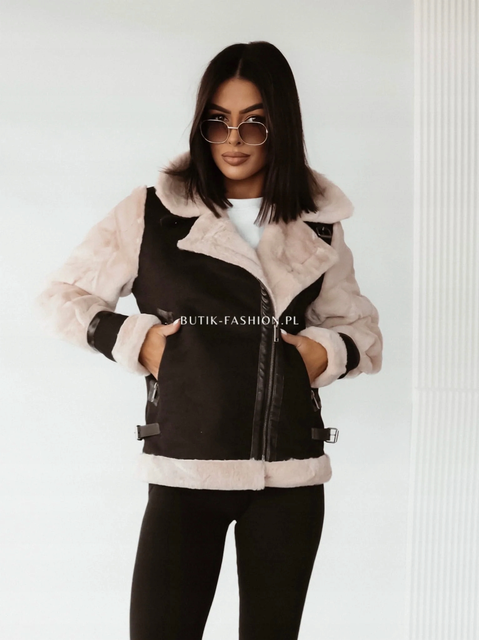 Semišová bunda s kožešinou Josee černá-béžová M