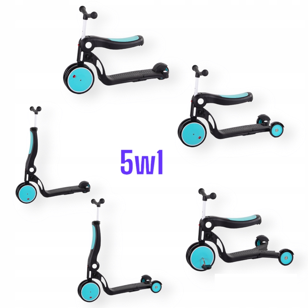 Hulajnoga dziecięca trójkołowa skrętna 5w1 jeździk niebieska +Kij