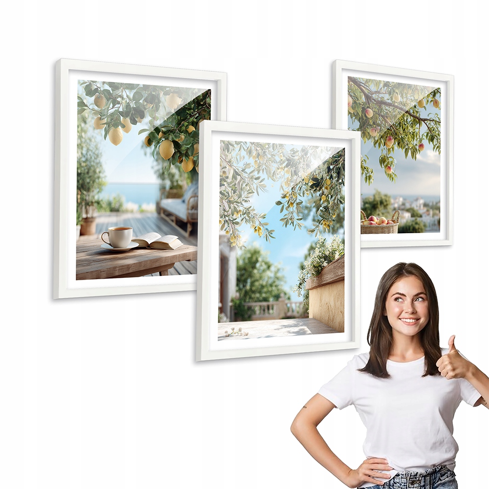 Sada 3 obrazů Město Řecko Léto bílý rámeček 30x40 triptych do kuchyně
