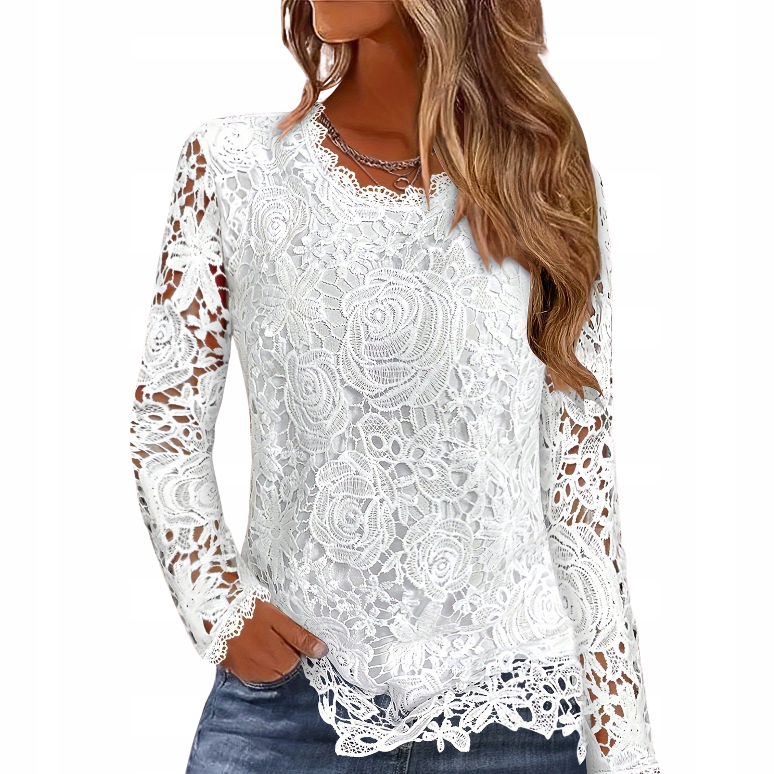 Bluzka damska ażurowa koronkowa z długim rękawem podszewka biała