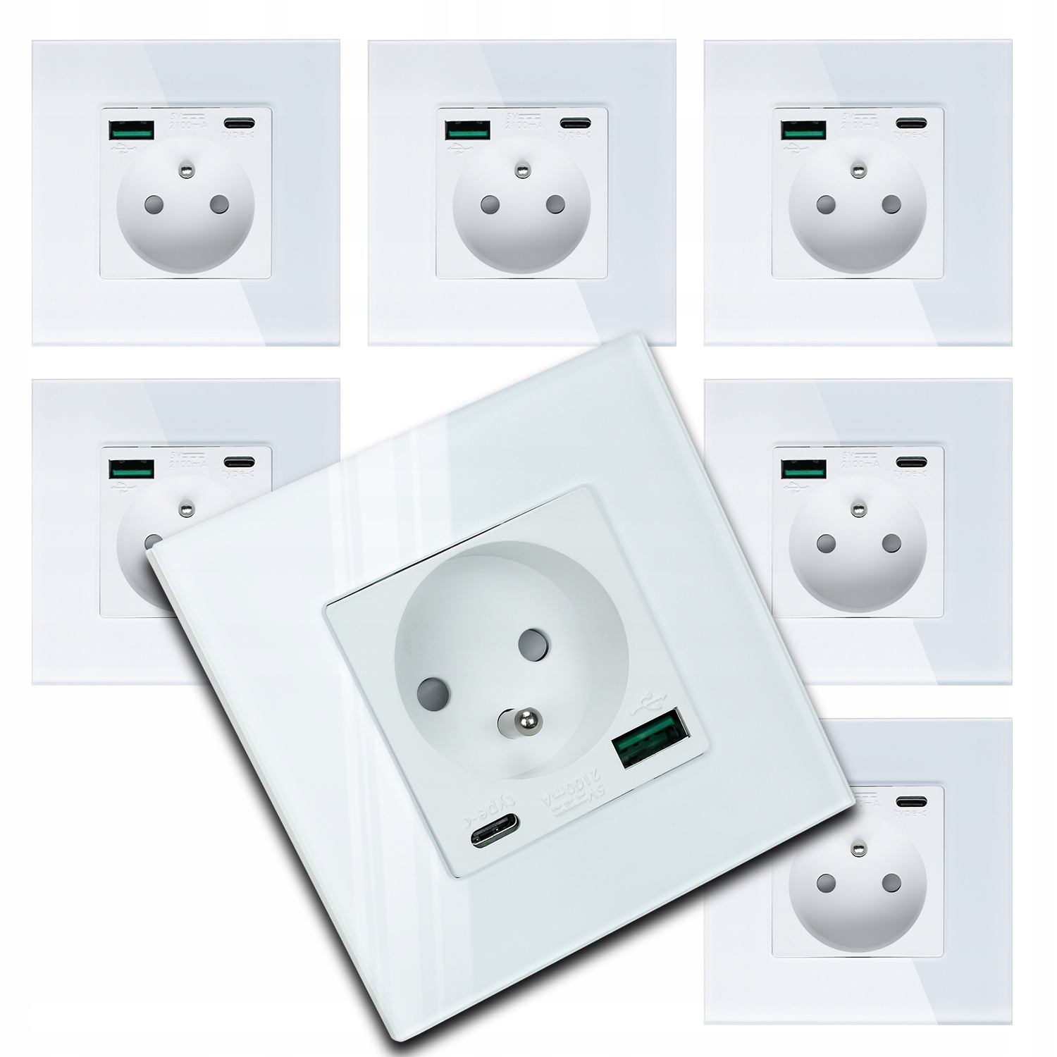 7x Skleněná Bílá Elektrická Zásuvka Kontakt Nástěnná Usb Nabíječka