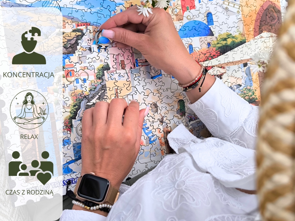 Drewniane Puzzle Milliwood - Hello Traveler - Santorini 51x34 - 500 El. Wiek dziecka 9 lat +