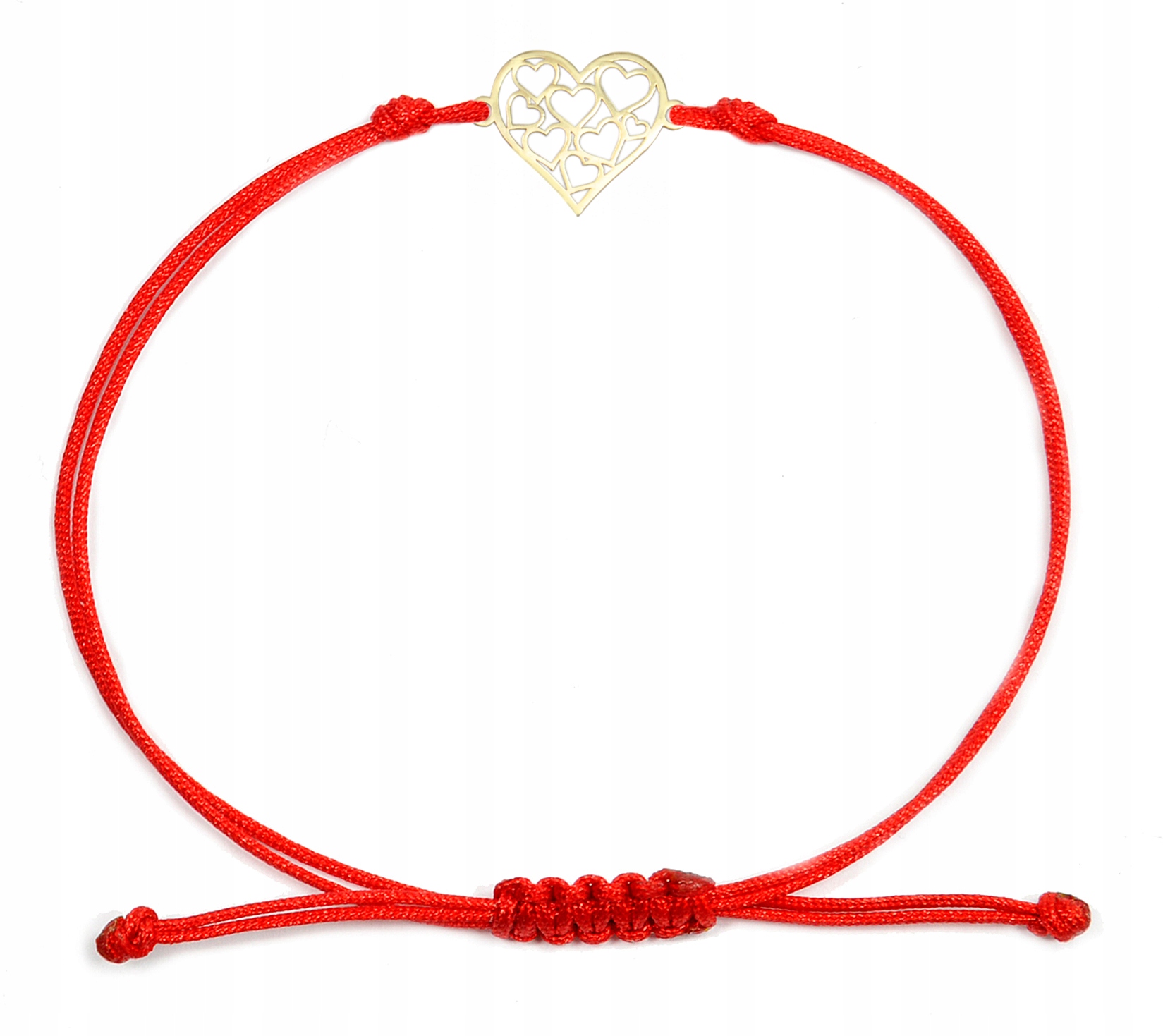 Zlatý náramek na provázku s prolamovaným srdcem ryzosti 585