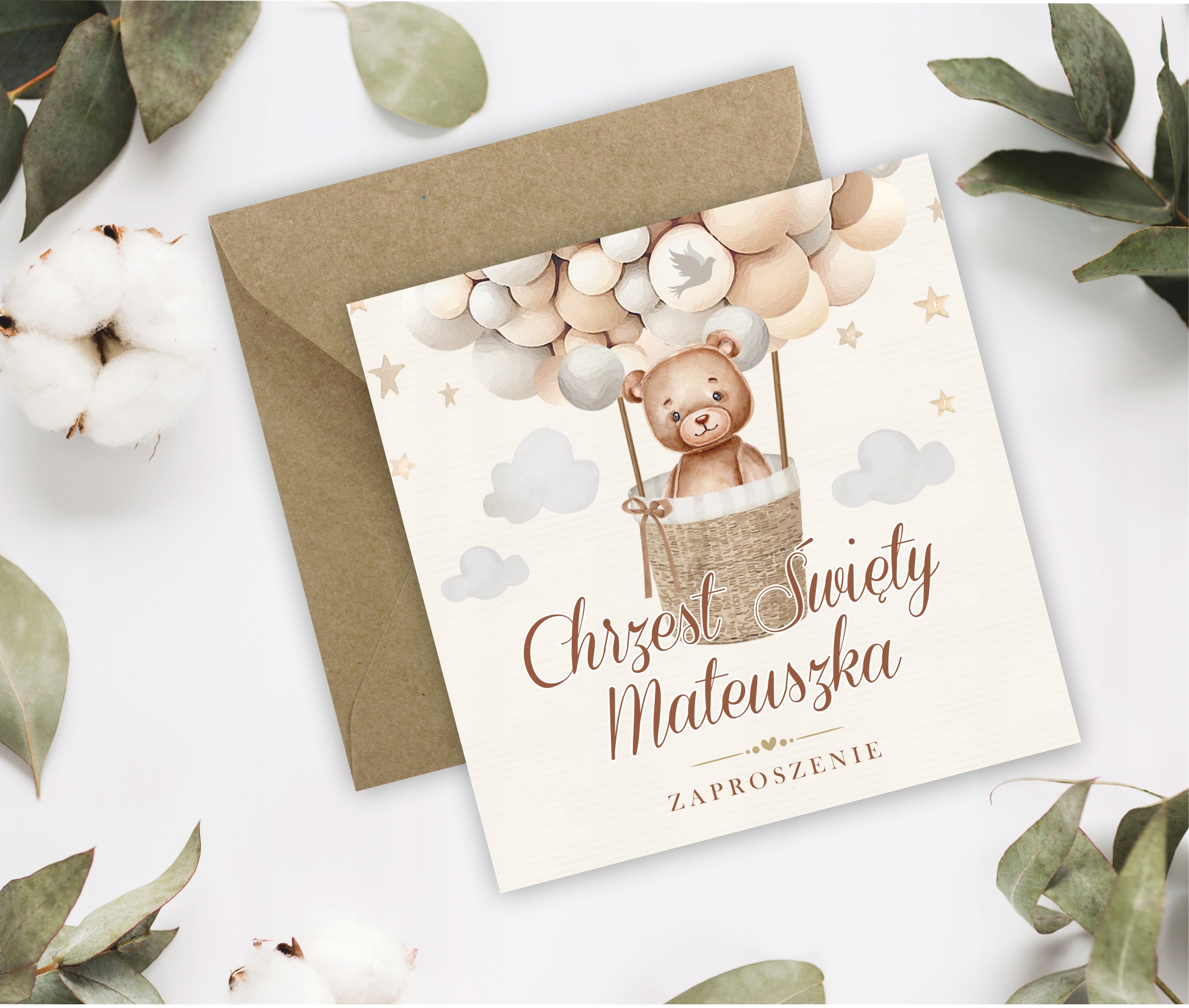 ZAPROSZENIA NA CHRZEST + IMIĘ + KOPERTA boho miś Wysokość produktu 14 cm