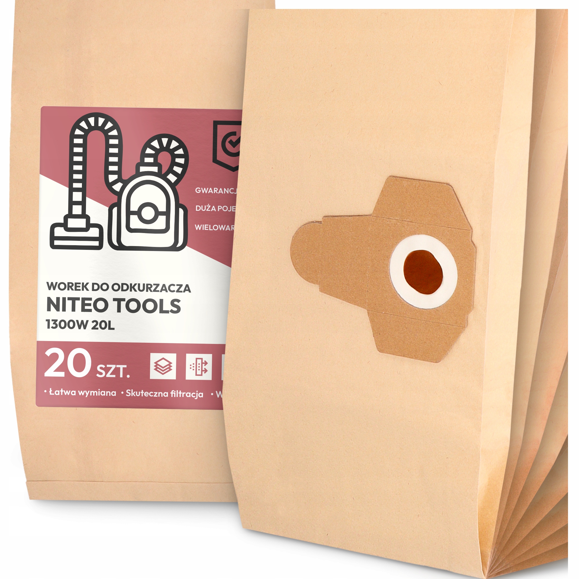 20 x Sáček Do Vysavače Niteo Tools 1300W 20L Papírový Velký Silný Sáčky 2A