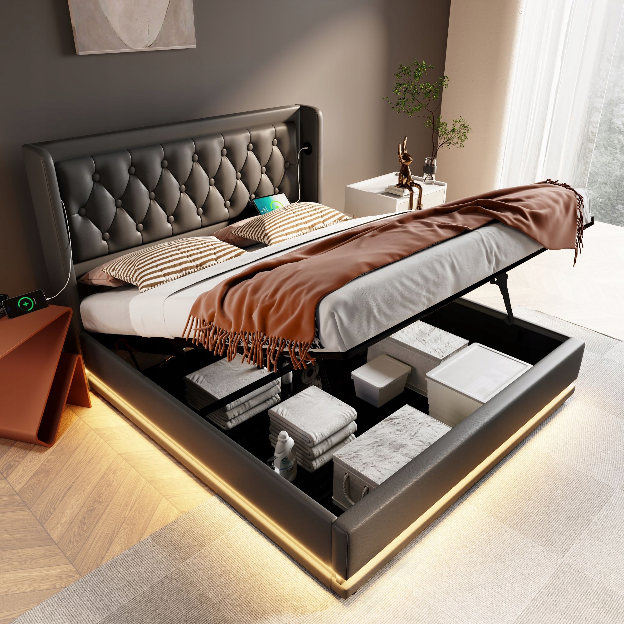 Dvojlůžko Čalouněná postel 140x200 Usb TypC Led Hydraulická černá