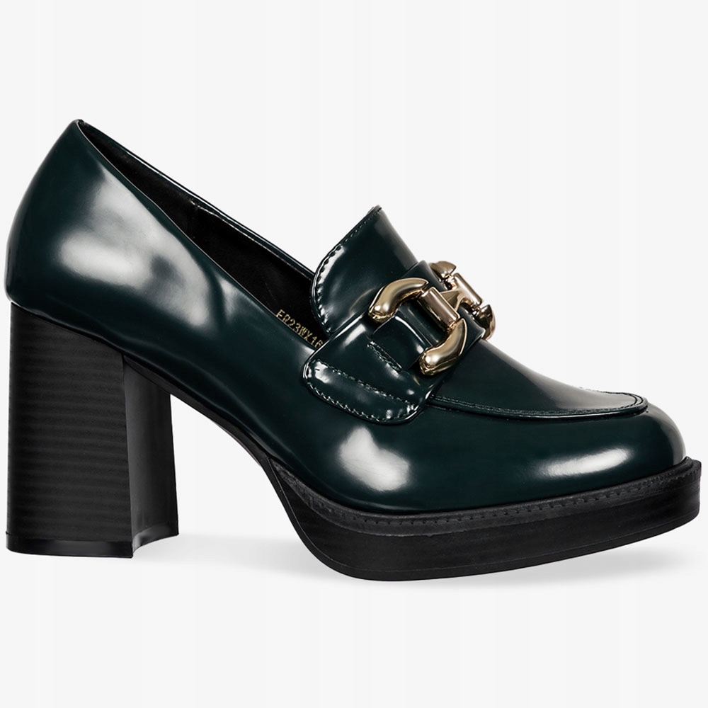 MOKASYNY DAMSKIE PÓŁBUTY NA OBCASIE SŁUPKU ZE ZŁOTĄ SPRZĄCZKĄ WKŁADKA SOFT Oryginalne opakowanie producenta pudełko