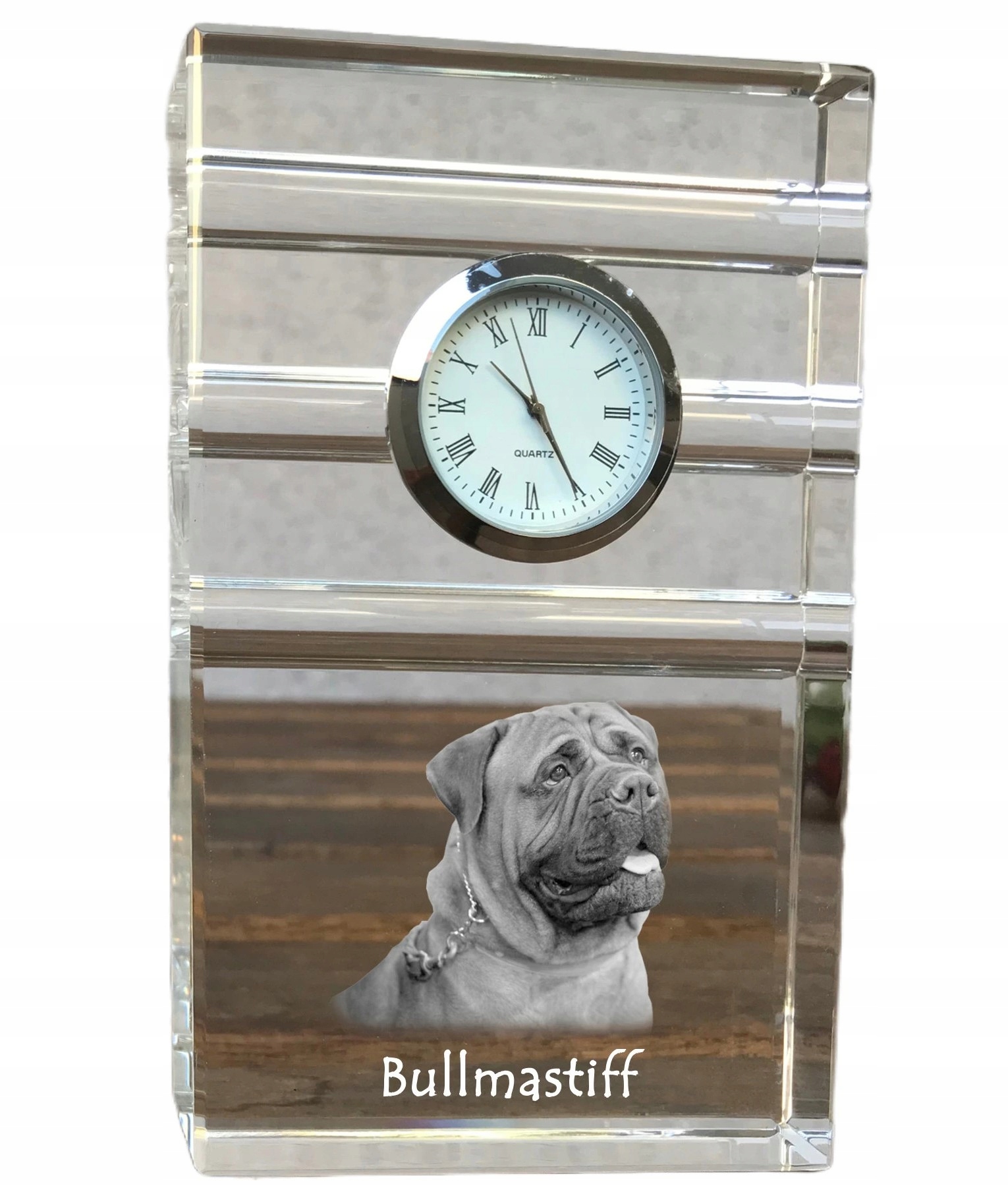 Bullmastiff krištáľové stolové hodinky so psom, s vašou fotografiou a suvenírom
