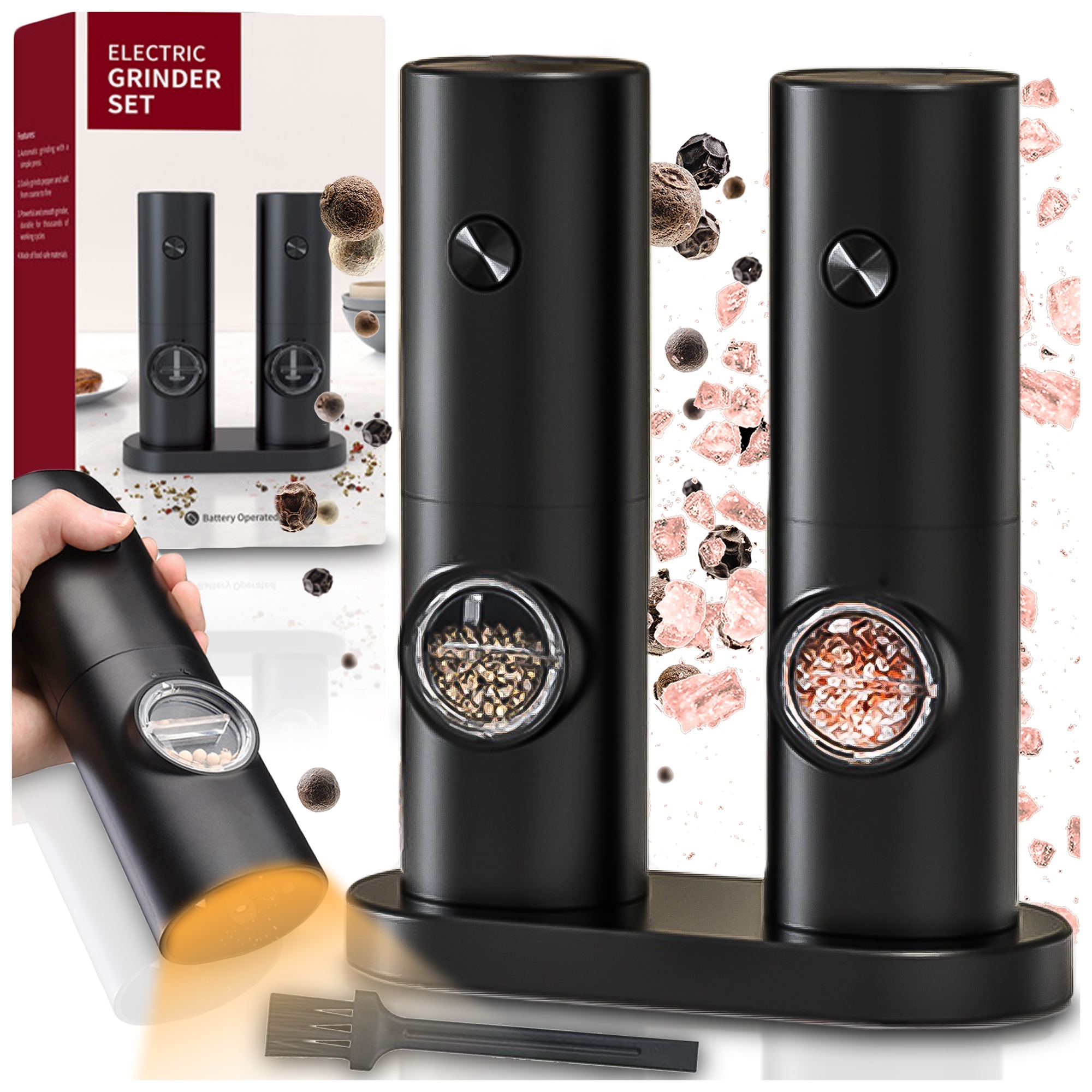 MŁYNEK ELEKTRYCZNY DO SOLI PIEPRZU PRZYPRAW ZESTAW 2SZT REGULACJA PODSTAWKA