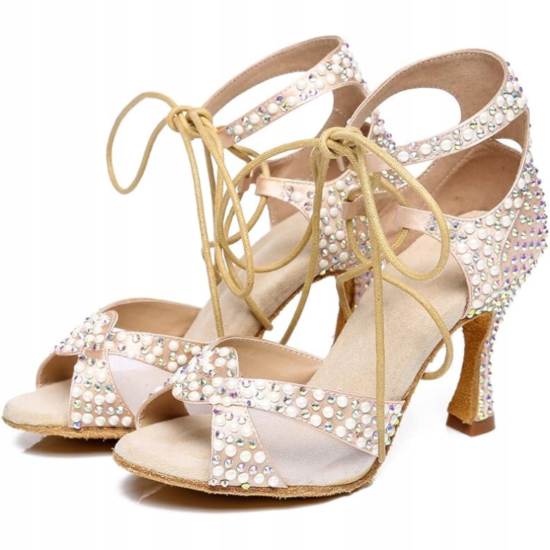 Buty taneczne damskie 36,5 szampańskie kryształki wiązane 7 cm