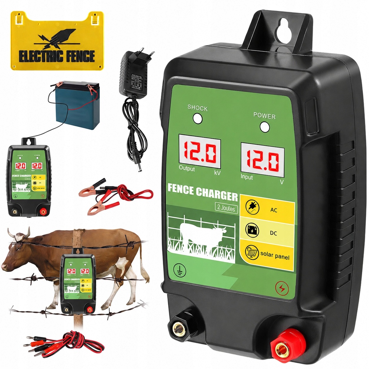 Elektrický Pastuch Skot Koně 12V Solární 15KM 1.5J-2J Voděodolný Led