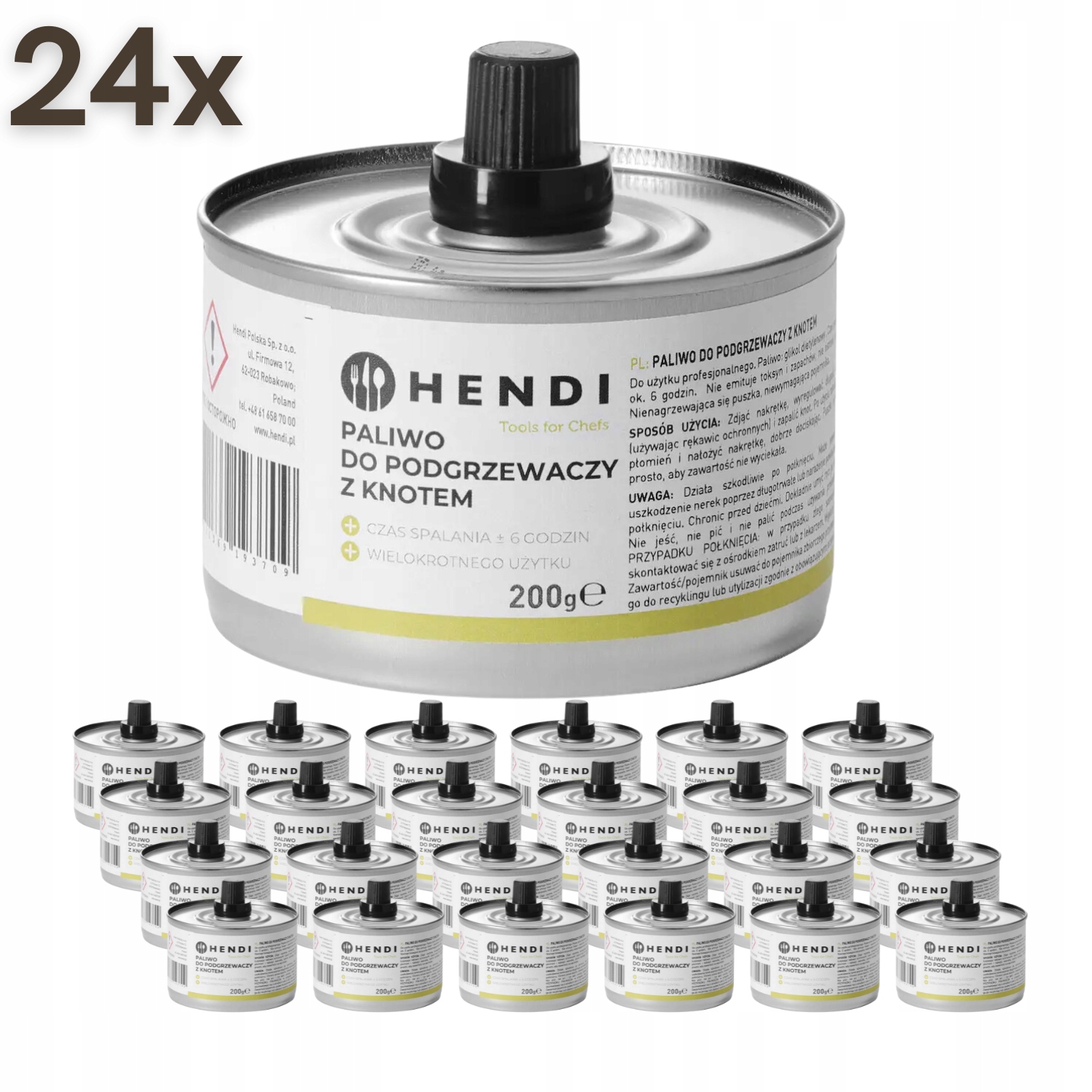Paliwo do podgrzewaczy z knotem w puszce Hendi Spalanie ok. 6h 24 szt.