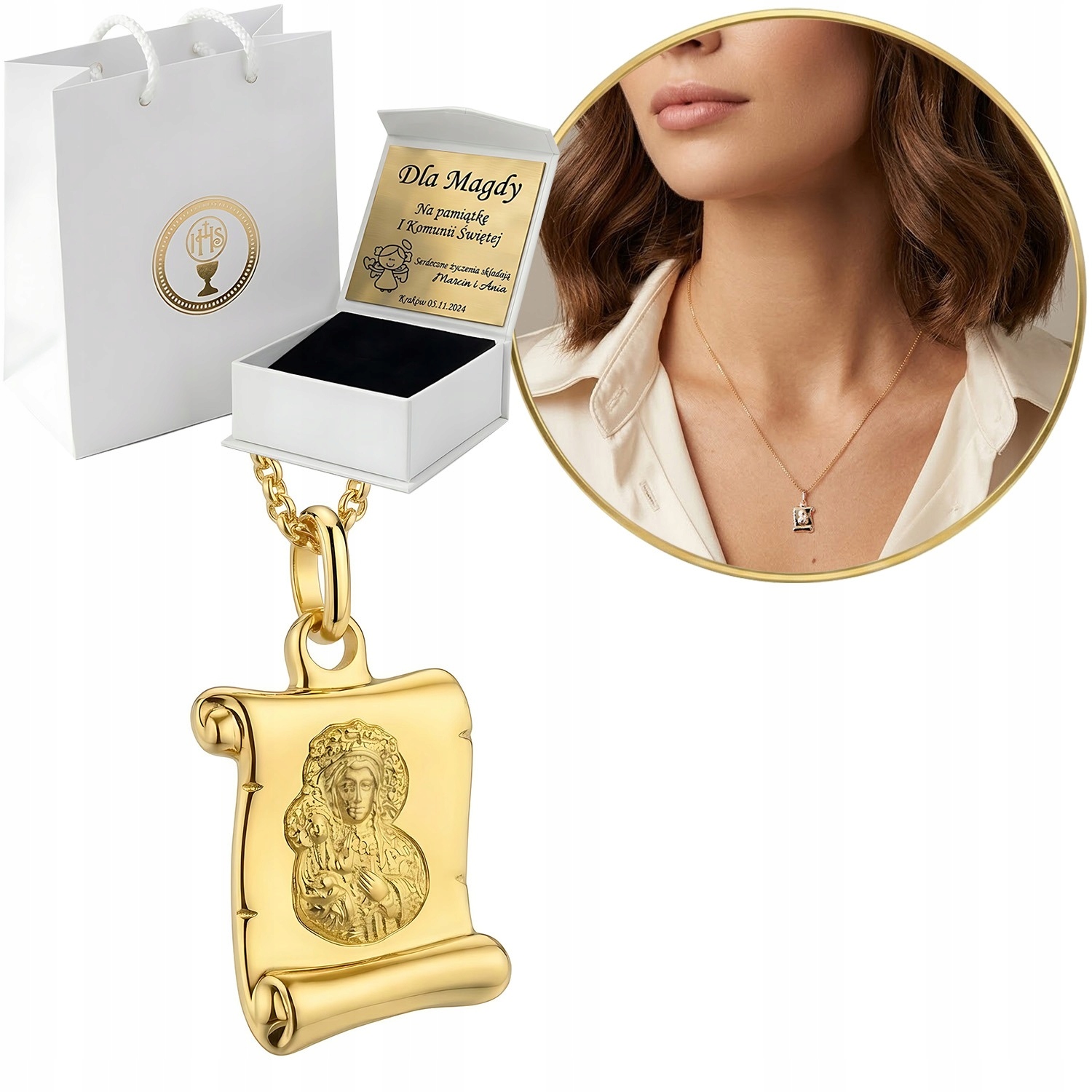 Zlatý Medailonek Matka Boží pr. 585 Řetízek na svaté přijímání Biřmování Gravírování