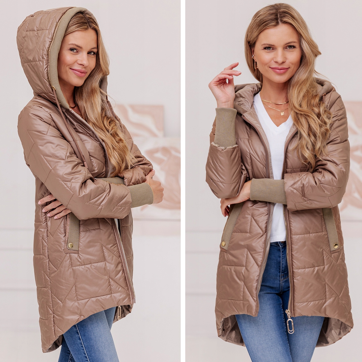 ASYMETRYCZNA PRZEJŚCIOWA JESIENNA KURTKA DAMSKA Z KAPTUREM, DŁUGA LEKKA XL Model camel, jesienny, przejściowy, wiosenny