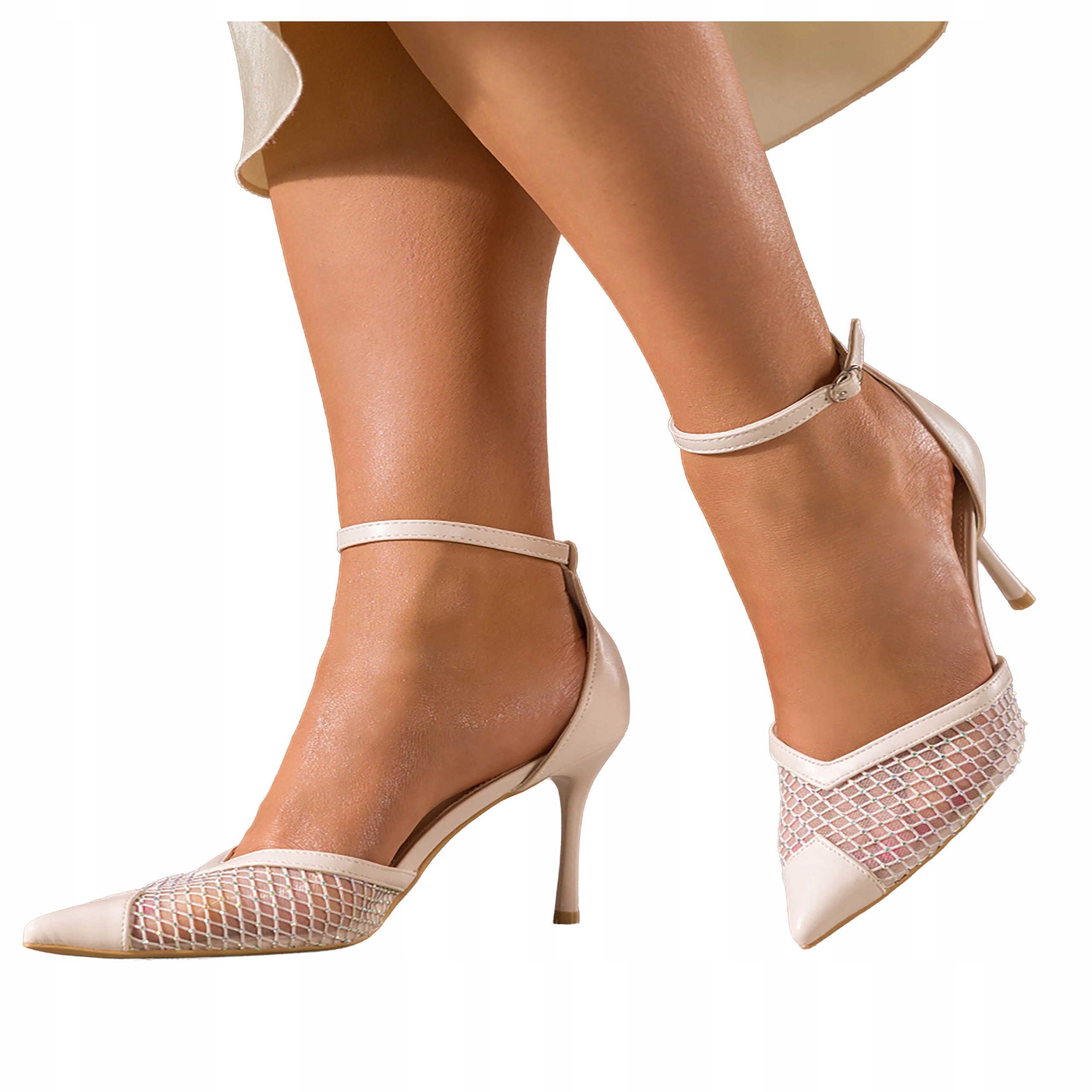 Czółenka Jasnobeżowe Damskie Szpilki Z Cyrkoniami Zakryta Pięta Modne r 38