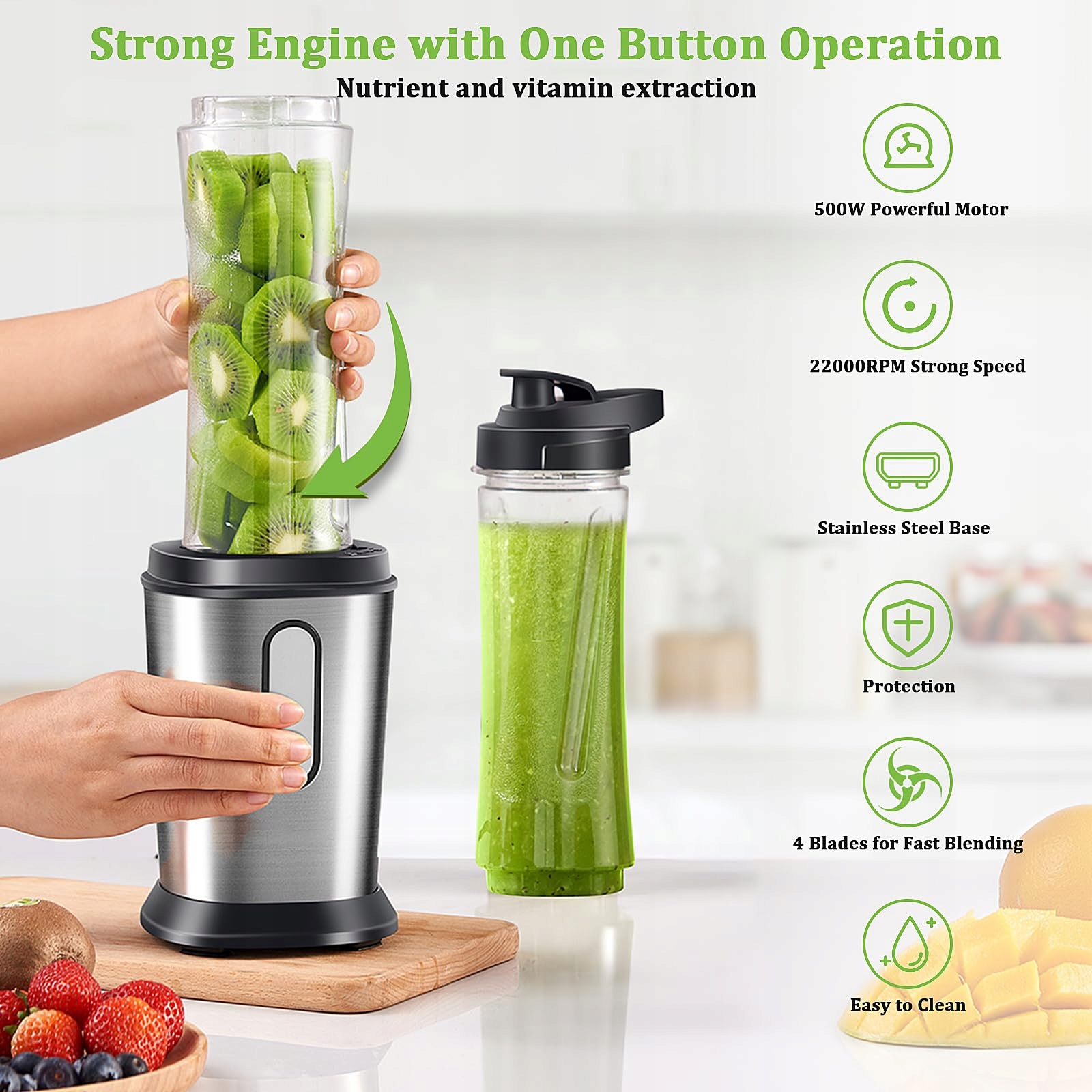 Qxmcov Blender 500W Mini Smoothie Maker 2x600ml BPA Free Stal Nierdzewna — miniatura 3