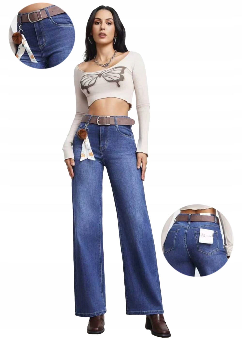 M.Sara Damskie spodnie dzwony jeans Wide Leg szeroka nogawka