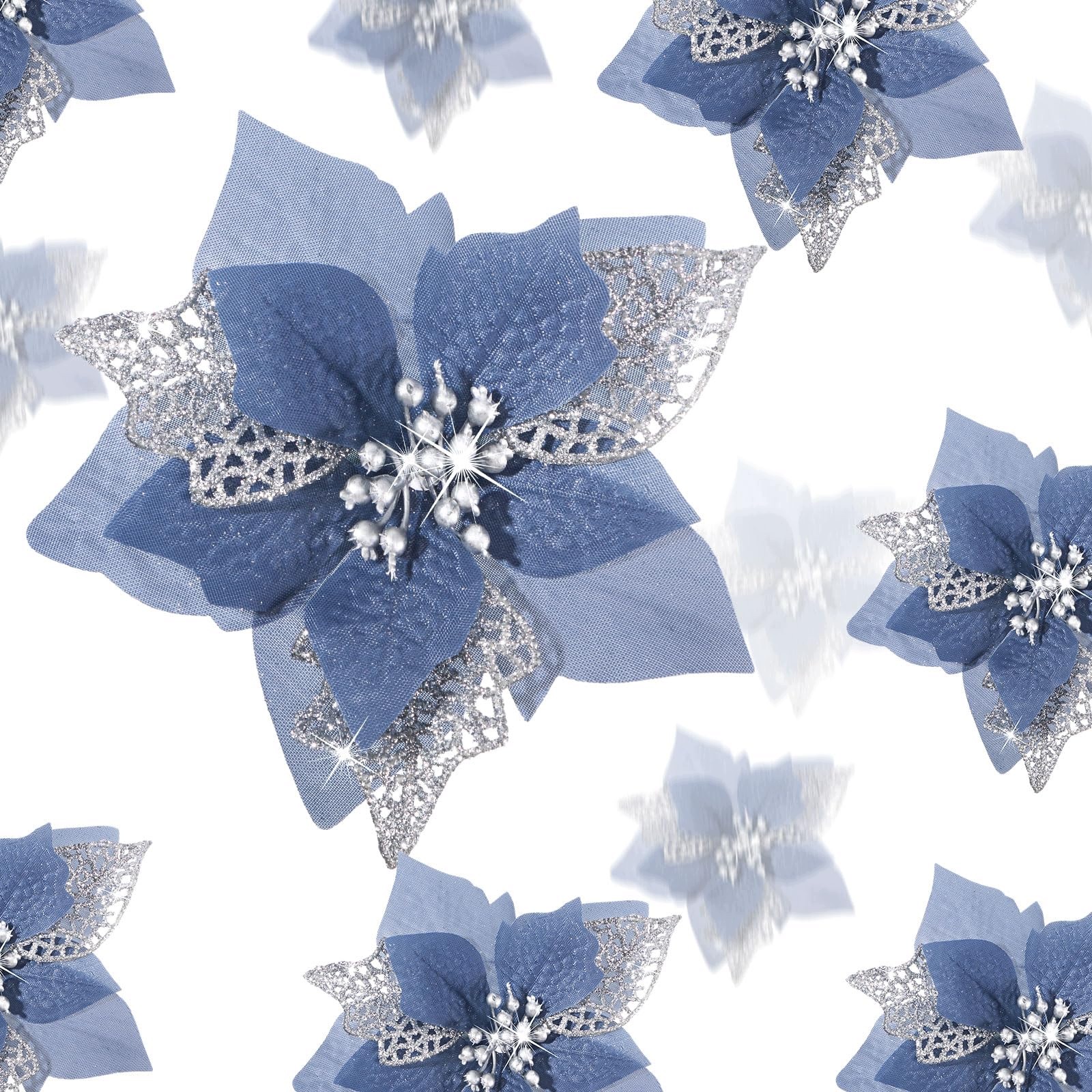 Květy Poinsettie Dusty Blue Třpytivé Na Vánoční Stromeček, 24 Ks, Svátky