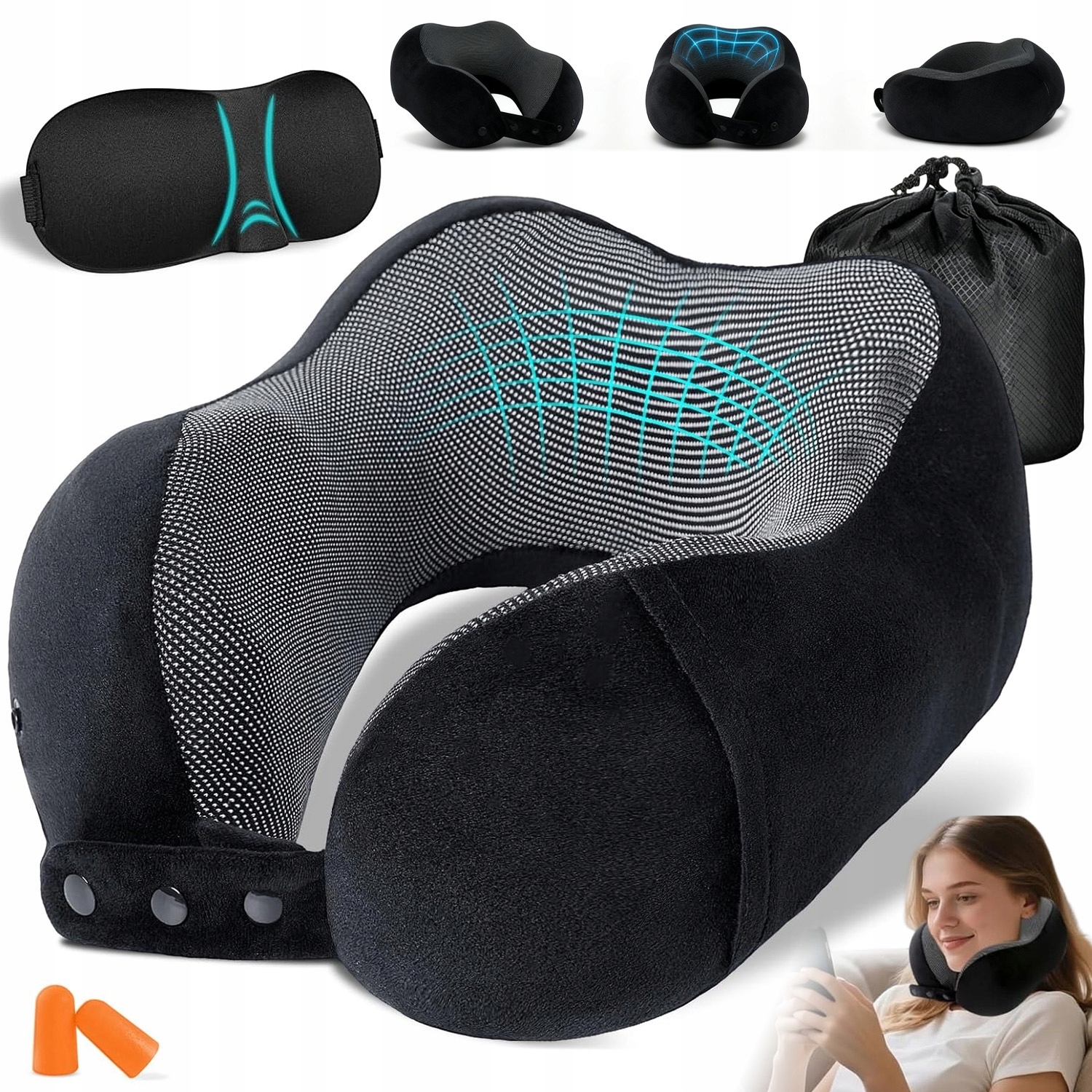 Poduszka Lotnicza Memory Foam Regulowana Zestaw Podróżny Czarna