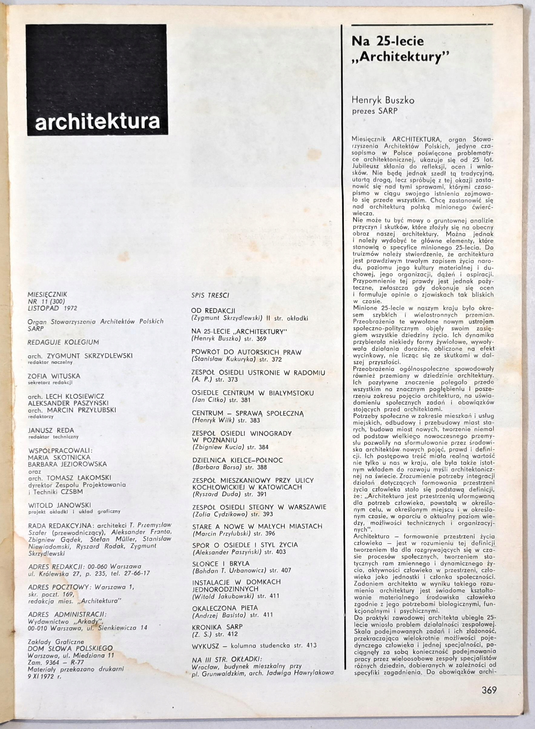 ARCHITEKTURA 11 1972 ISSN 6001939578
