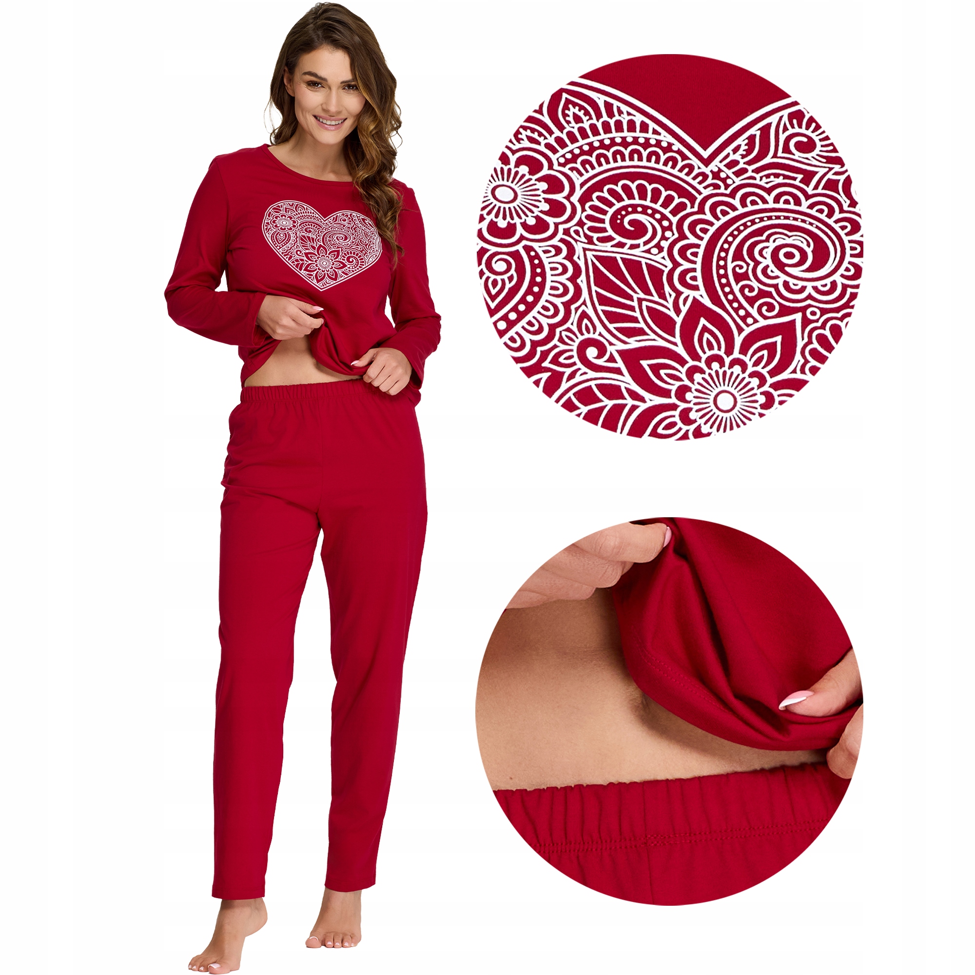 Piżama Damska Bawełniana Bordowa Czerwona Nadruk Serce Senizo M