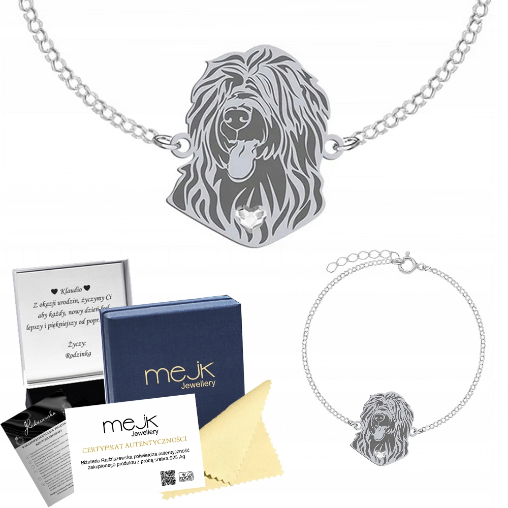 Stříbrný náramek s francouzským ovčákem Briard 925 Řetízek Gravírování