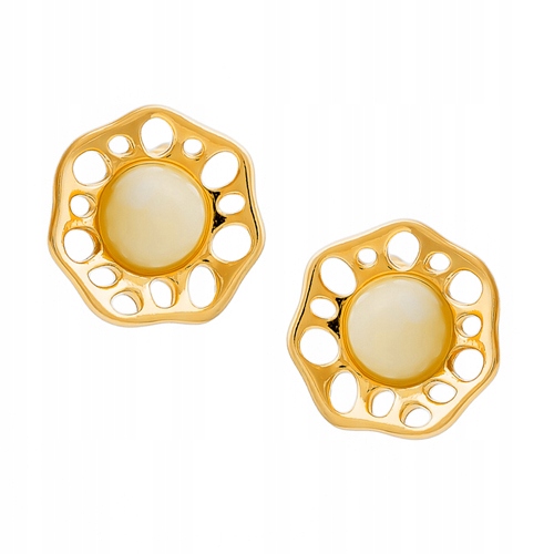 Zlaté Náušnice na tyčinku s mléčným Jantarem stříbro 925 Pozlacené