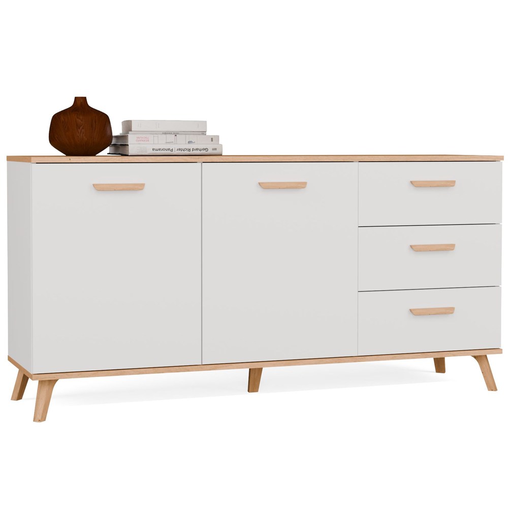 Komoda Duża Biała Dąb Artisan Szafka 150 Cm 3 Szuflady 2 Drzwi