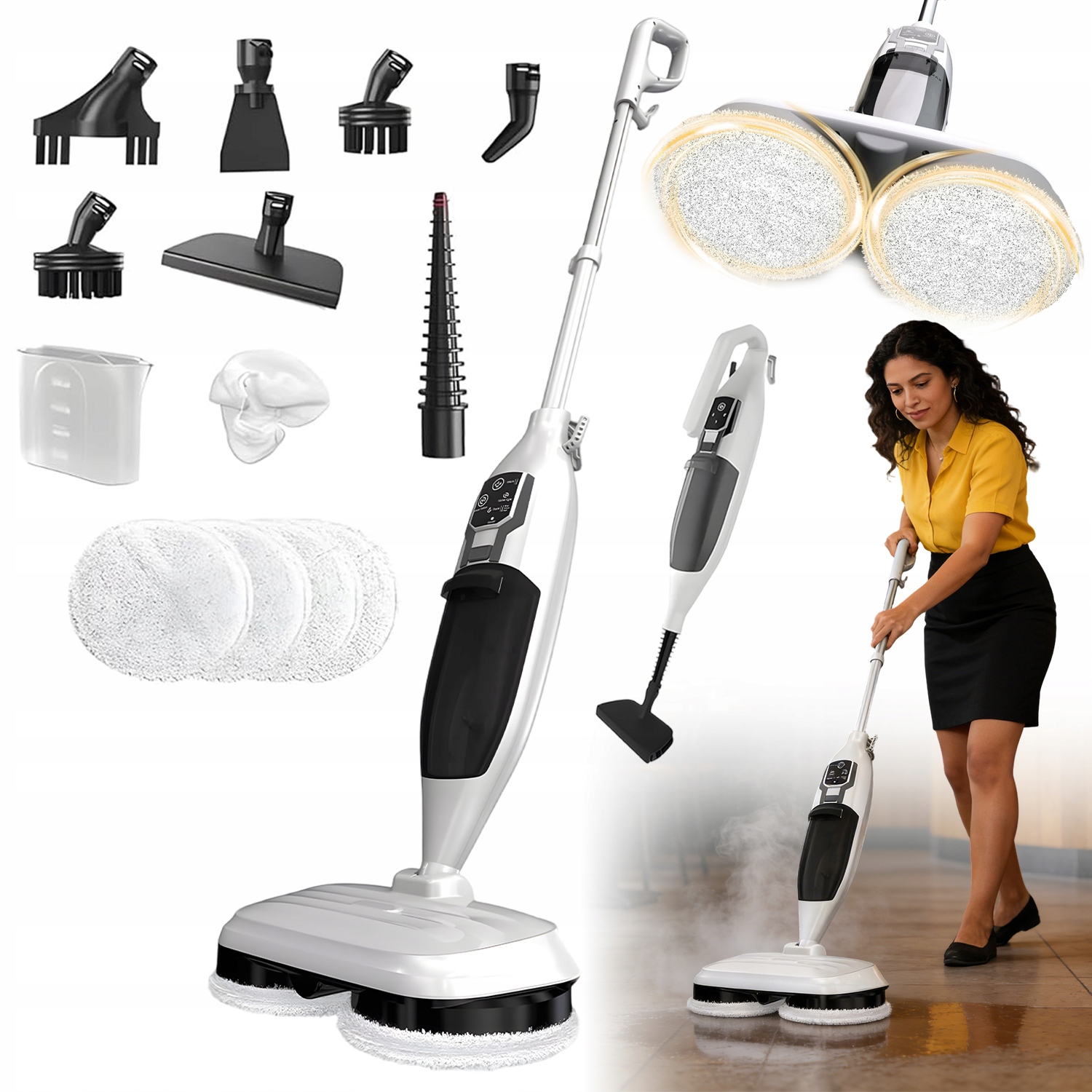 Mop Parowy Myjka Parowa 2W1 1300W Do Salonu Łazienki Kuchni Z Akcesoriami