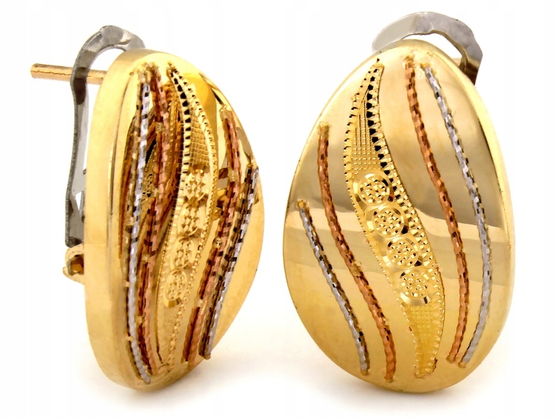 Náušnice zlaté oválné klipy 585 zdobené třemi barvami zlata