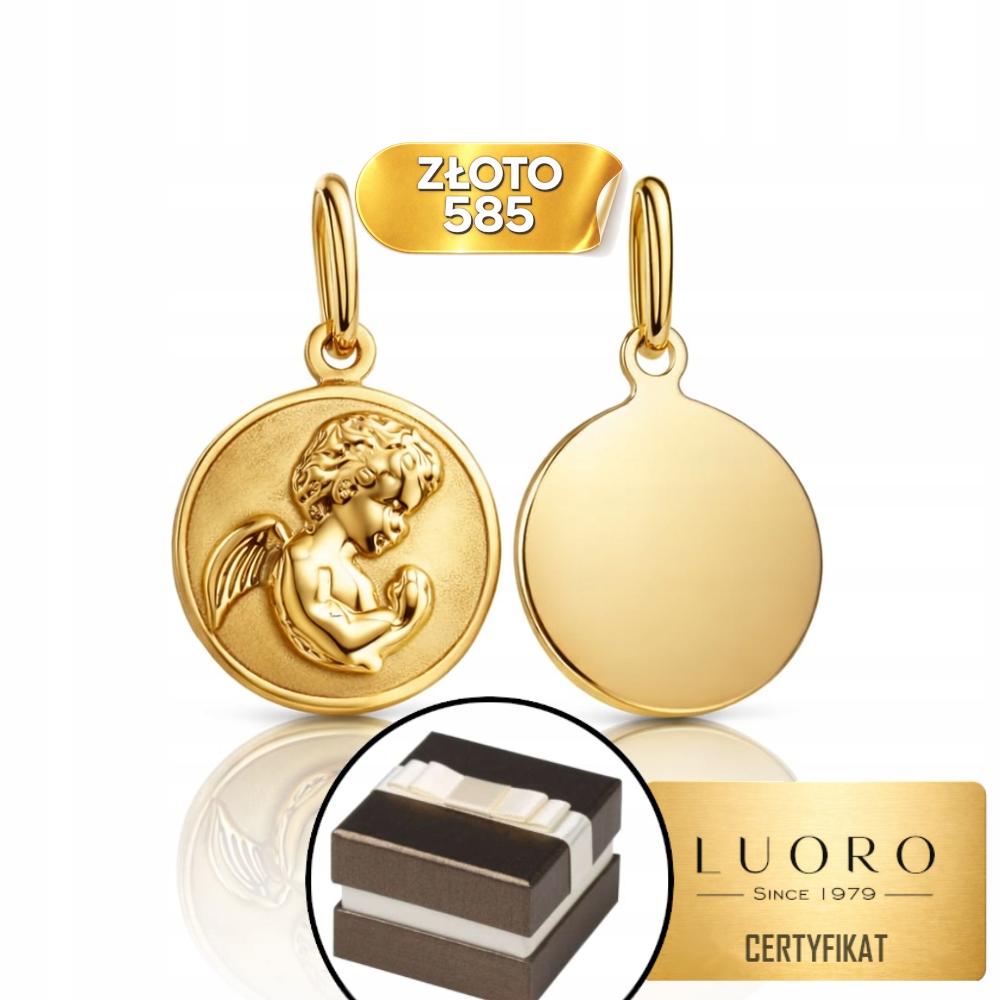 Zlatý Medailon 585 14K Andílek V Kruhu Žluté Zlato 18 MM Dárek