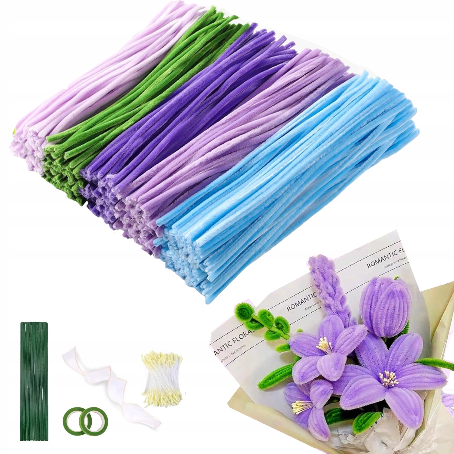Kreativní Floristické Drátky, Sada 500 ks, chlupaté drátky modrozelené (fialové)