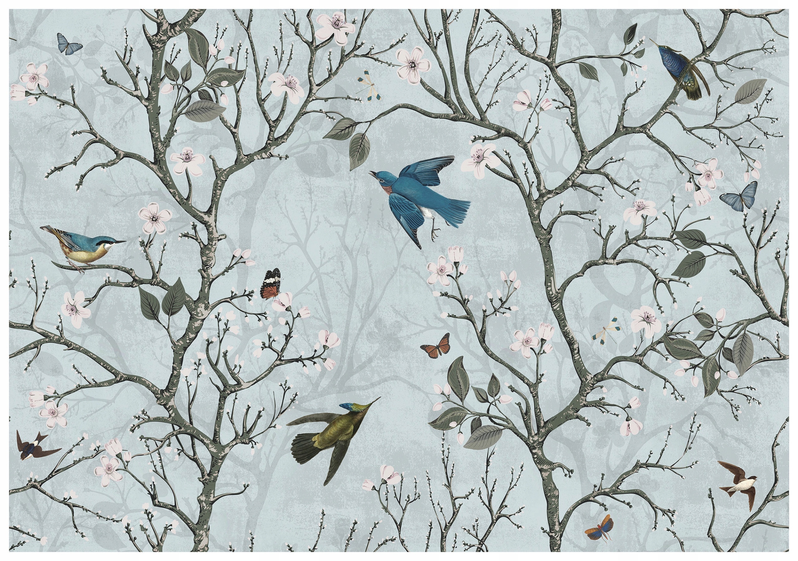 Tapeta Kvety vtáky motýle vinyl 416x254 Les stromy pastelové farby lepidlo