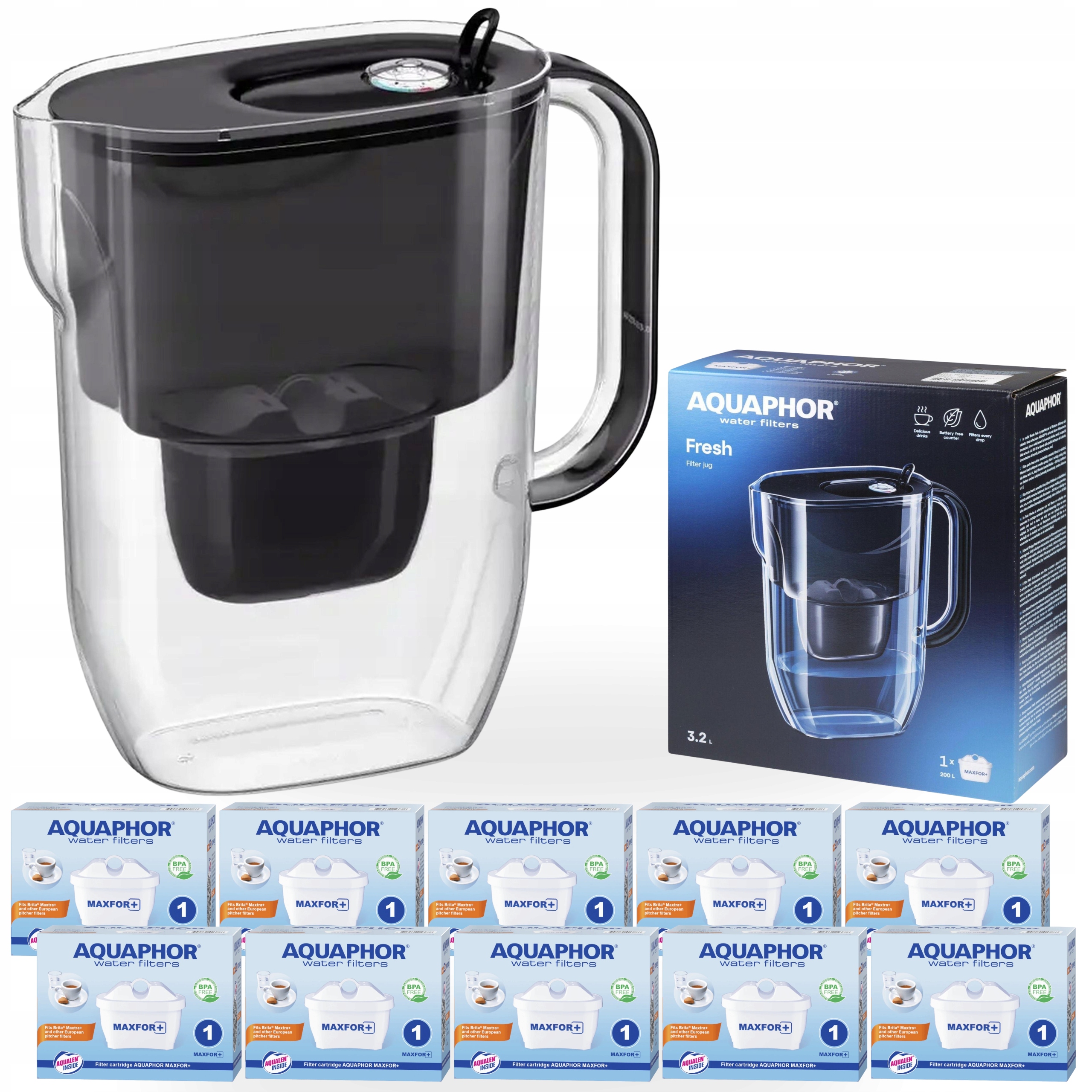 Dzbanek filtrujący wodę Aquaphor Fresh 3,2L Czarny z 10 wkładami Maxfor+