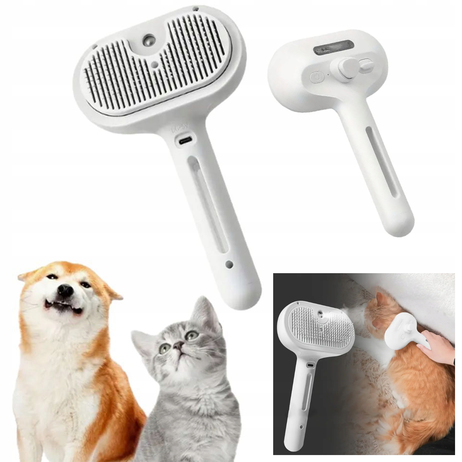 Napařovací kartáč pro psy a kočky 3v1, samočisticí, pro péči o srst, Usb, hydratační