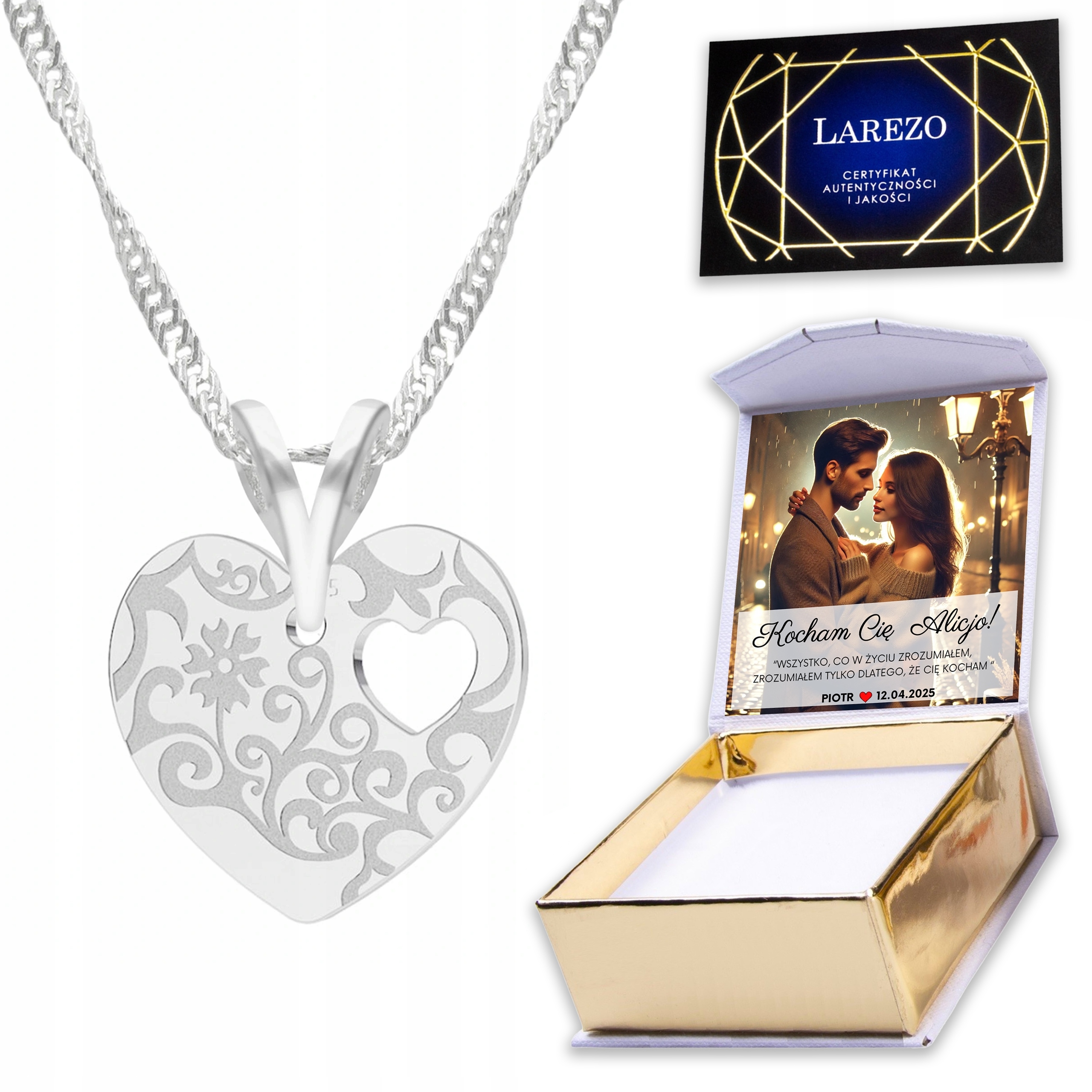 Stříbrný náhrdelník 925 Vyřezávané srdce Heart Love Srdíčko Láska Potisk