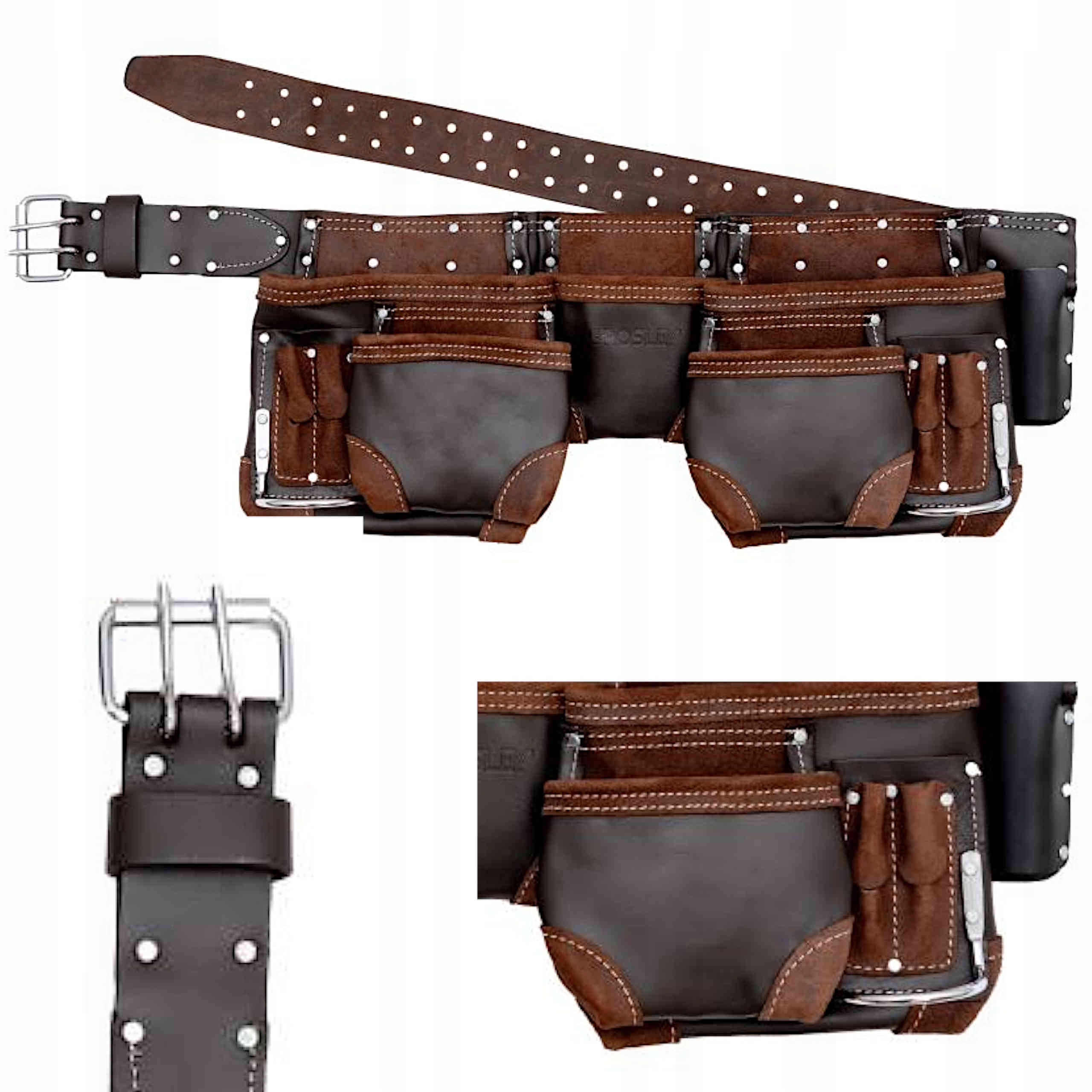 Grosley Pas monterski skóra licowa 11 kieszeni kolor: brązowy GR70017