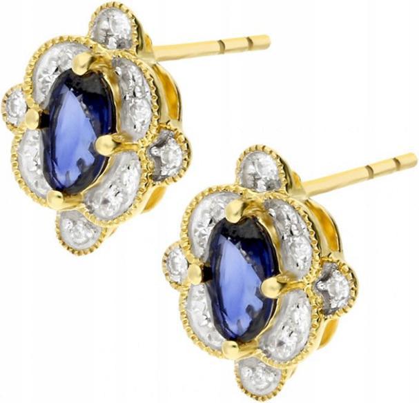 Zlaté náušnice 585, markýzy s safírem a diamanty, módní vzor dárek 14k