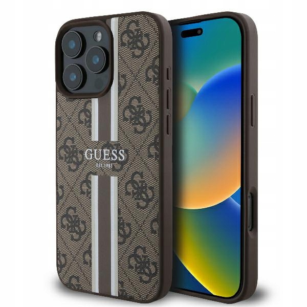 Pouzdro pro iPhone 16 Pro Guess 4G Printed Stripes MagSafe Hnědé