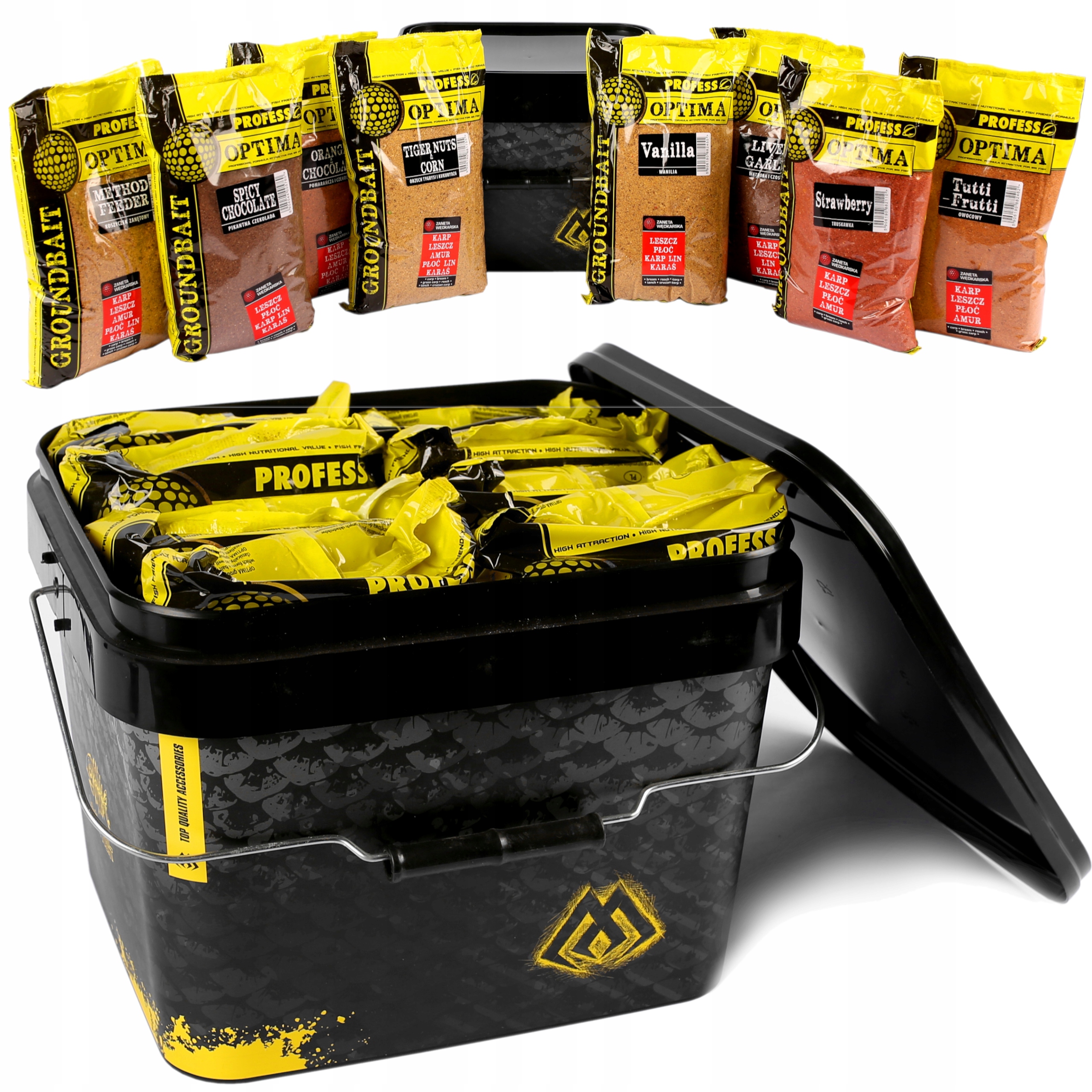 Mix smaków 8x ZANĘTA wędkarska PROFESS OPTIMA 8kg + WIADRO
