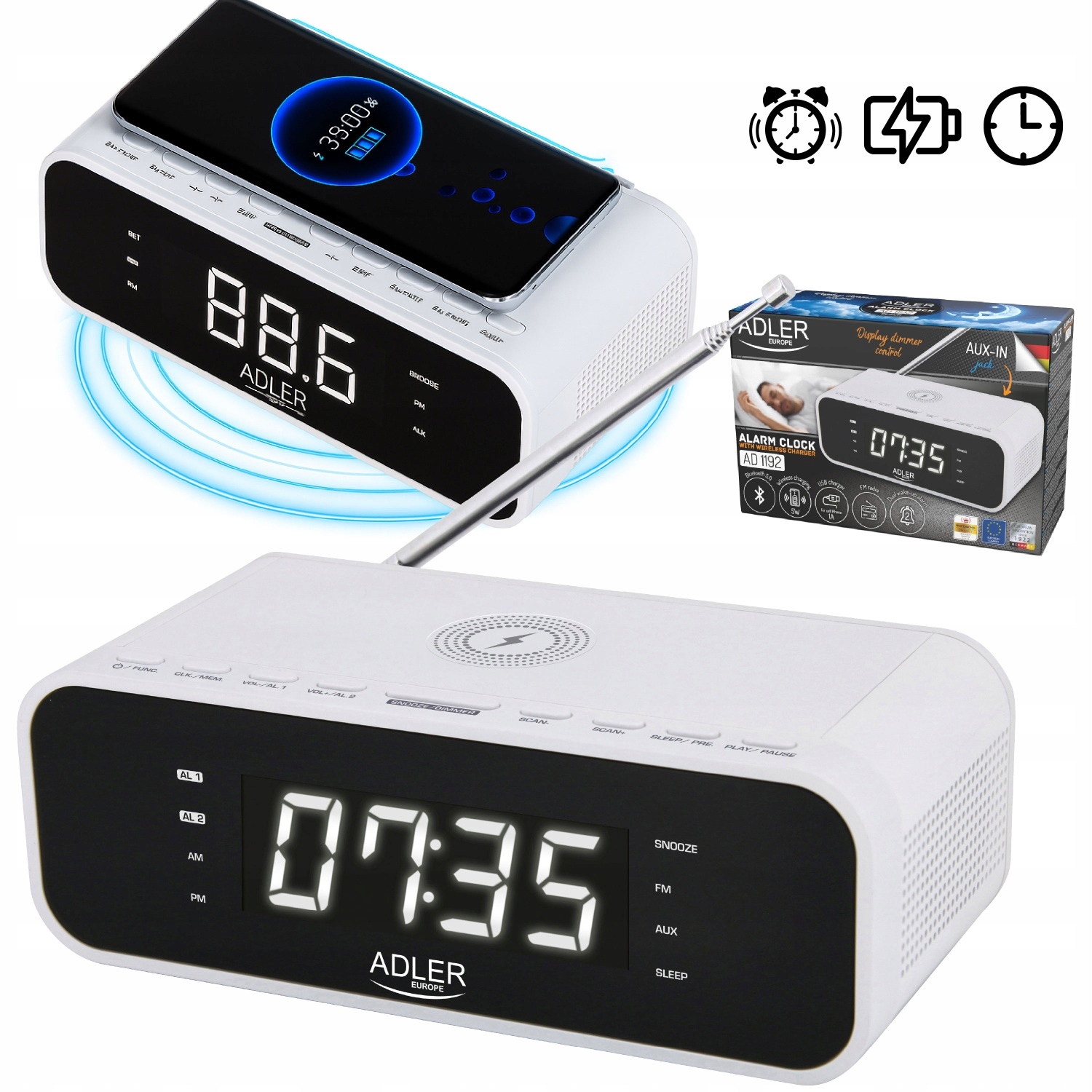 Rádio S Budíkom Bezdrôtová Nabíjačka Fm/usb/aux Funkcia Snooze Adler