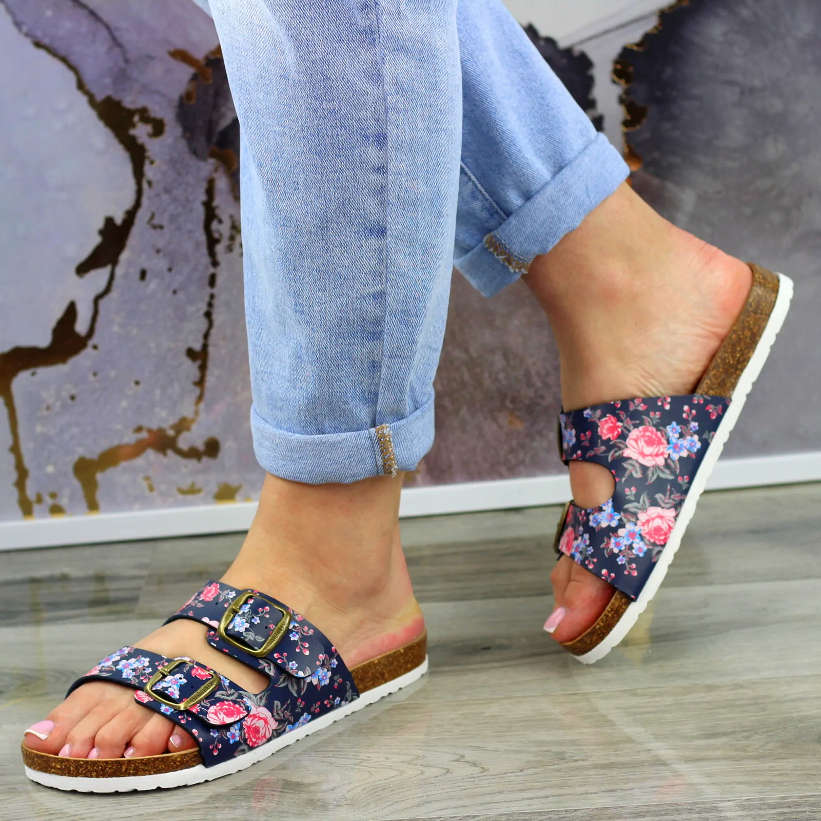 SKÓRZANE PROFILOWANE MEDYCZNE BIO KLAPKI W KWIATY6 Długość wkładki 23.5 cm