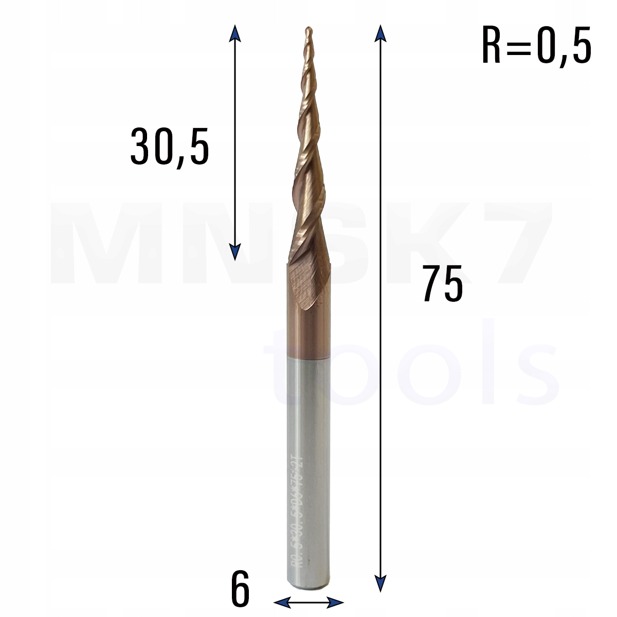 Frez stożkowy kulowy 3D 6 x 30.5 x 75 R0.5 HRC55 4.69°