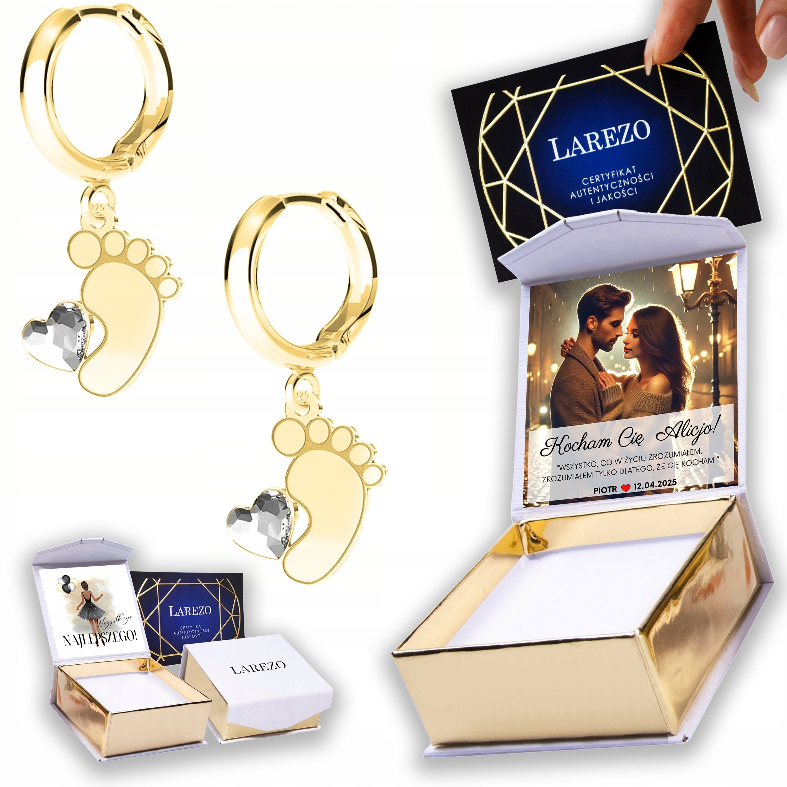 Zlaté Náušnice 925 Nohy Chodidla dítěte se Zirkonií Srdce Noha Potisk