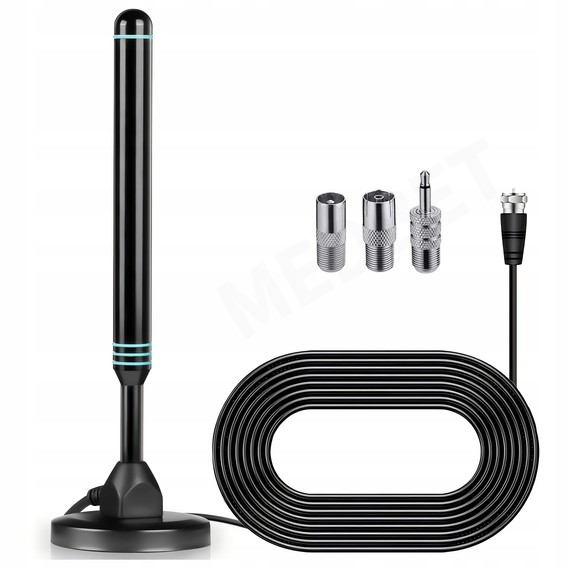 WYDAJNA METALOWA ANTENA FM ZE WZMACNIACZEM +4 x WTYKI DO RADIA WIEŻY