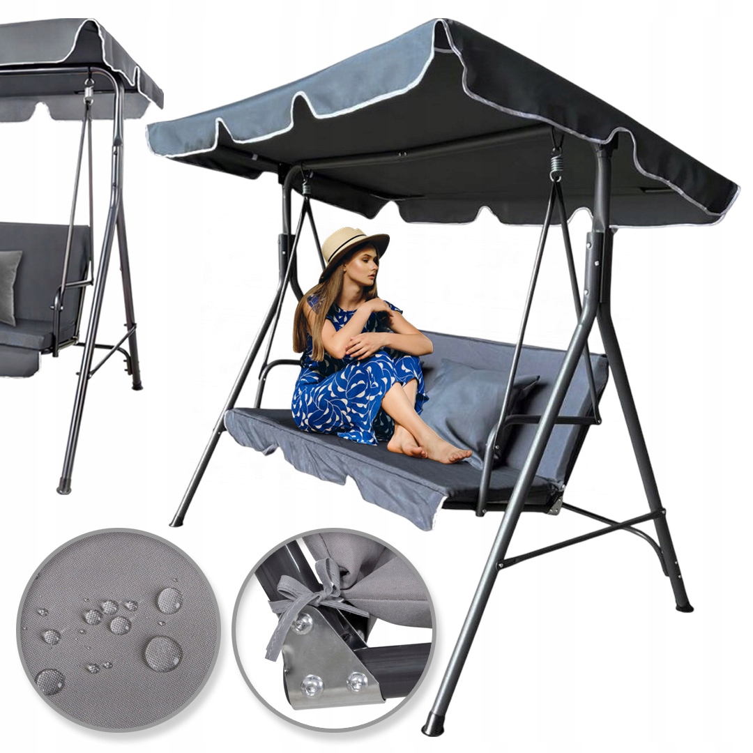 Huśtawka Ogrodowa Bujana Szara 3 Osobowa Wolnostojąca Poduszki